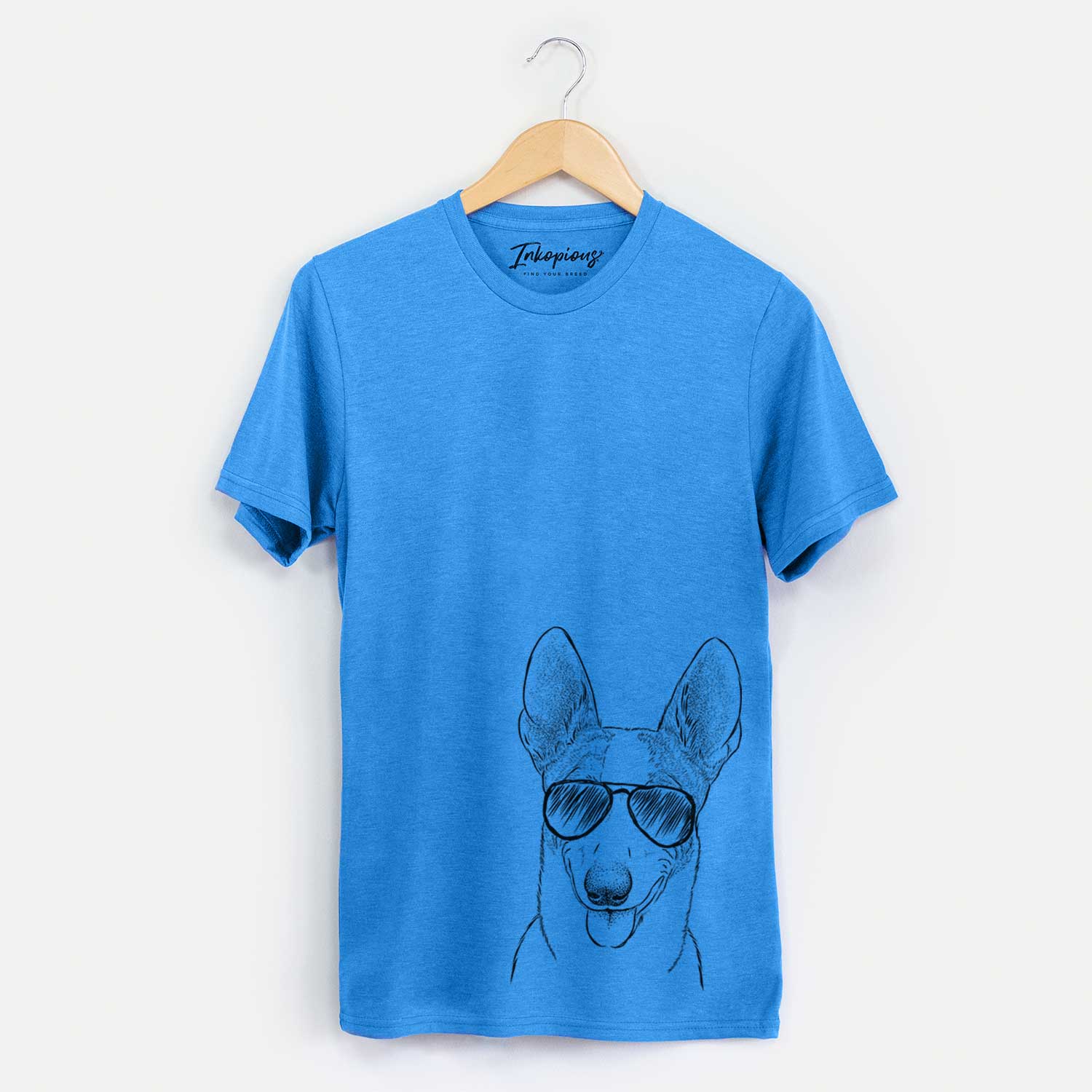 Hand-drawn sketch of Berlin the Carolina Dog wearing aviator sunglasses on a Blue Unisex crewneck