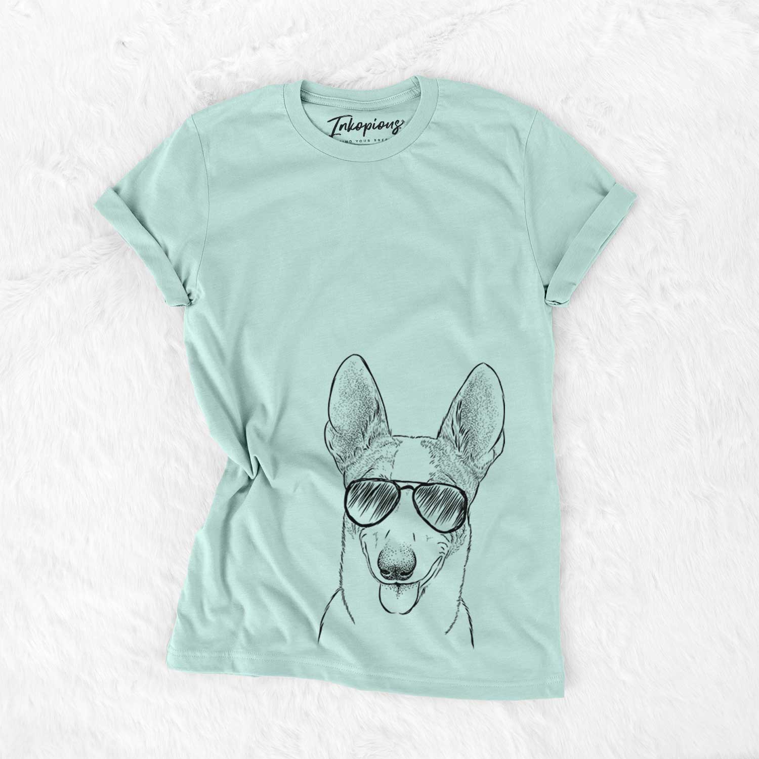 Hand-drawn sketch of Berlin the Carolina Dog wearing aviator sunglasses on a Heather Sage Unisex crewneck