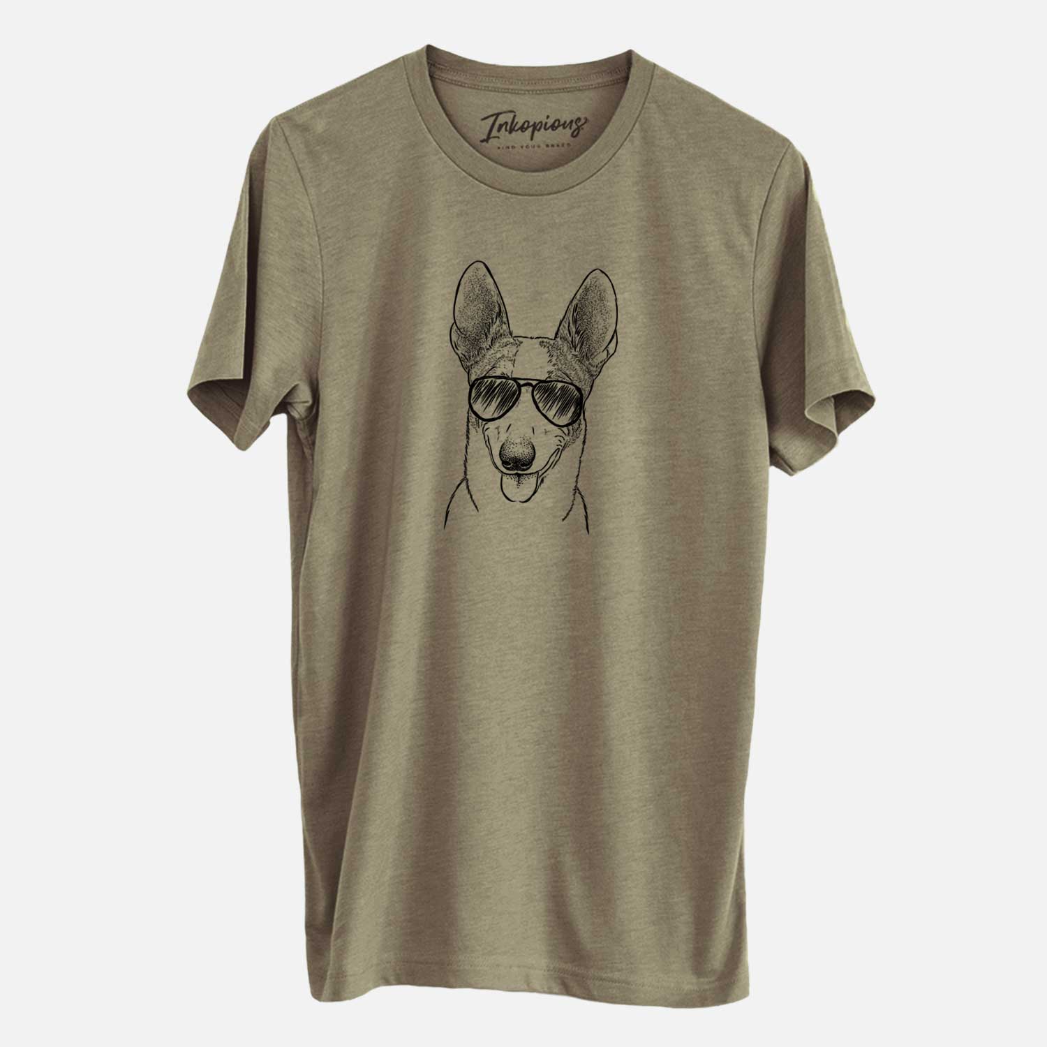 Hand-drawn sketch of Berlin the Carolina Dog wearing aviator sunglasses on an Olive Unisex crewneck