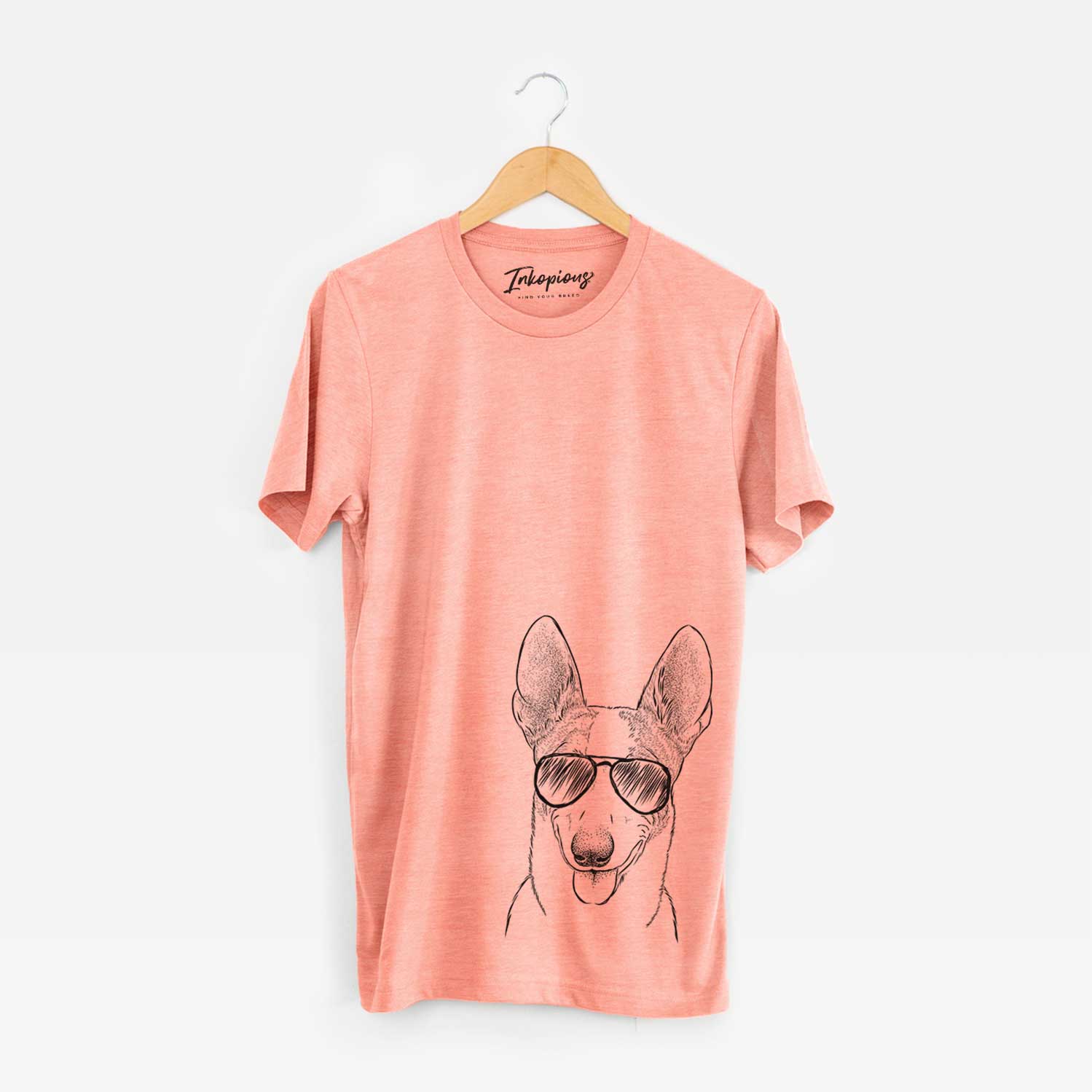 Hand-drawn sketch of Berlin the Carolina Dog wearing aviator sunglasses on a Sunset Unisex crewneck