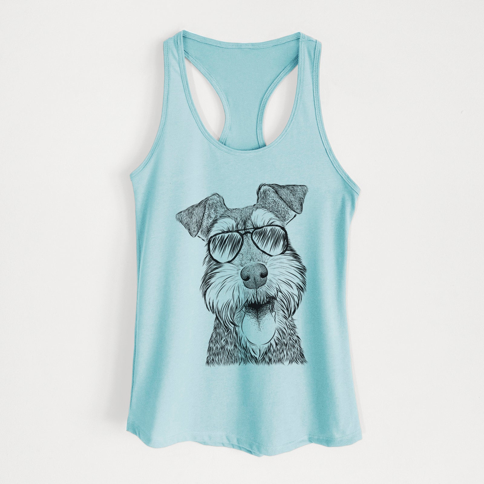 Hand-drawn sketch of Bernadette the Mini Schnauzer wearing aviator sunglasses on a Cancun Blue Women's racerback tanktop