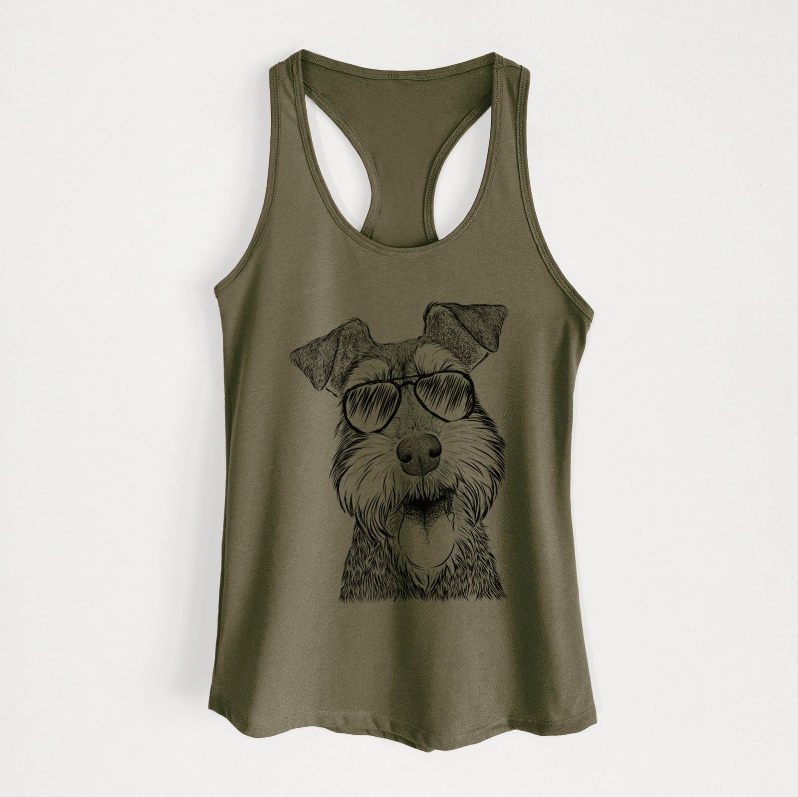 Hand-drawn sketch of Bernadette the Mini Schnauzer wearing aviator sunglasses on a Military Green Women's racerback tanktop