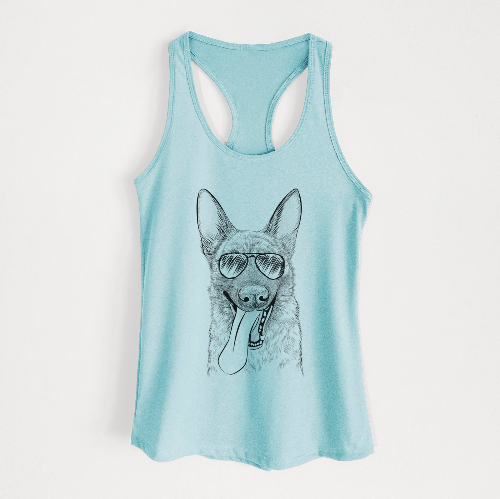 Hand-drawn sketch of Bessa the Dutch Shepherd wearing aviator sunglasses on a Cancun Blue Women's racerback tanktop