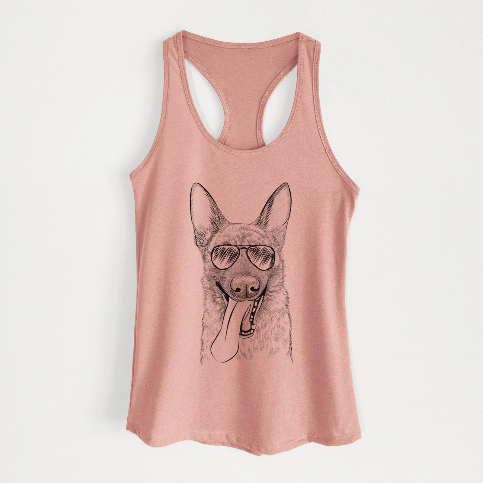 Hand-drawn sketch of Bessa the Dutch Shepherd wearing aviator sunglasses on a Desert Pink Women's racerback tanktop