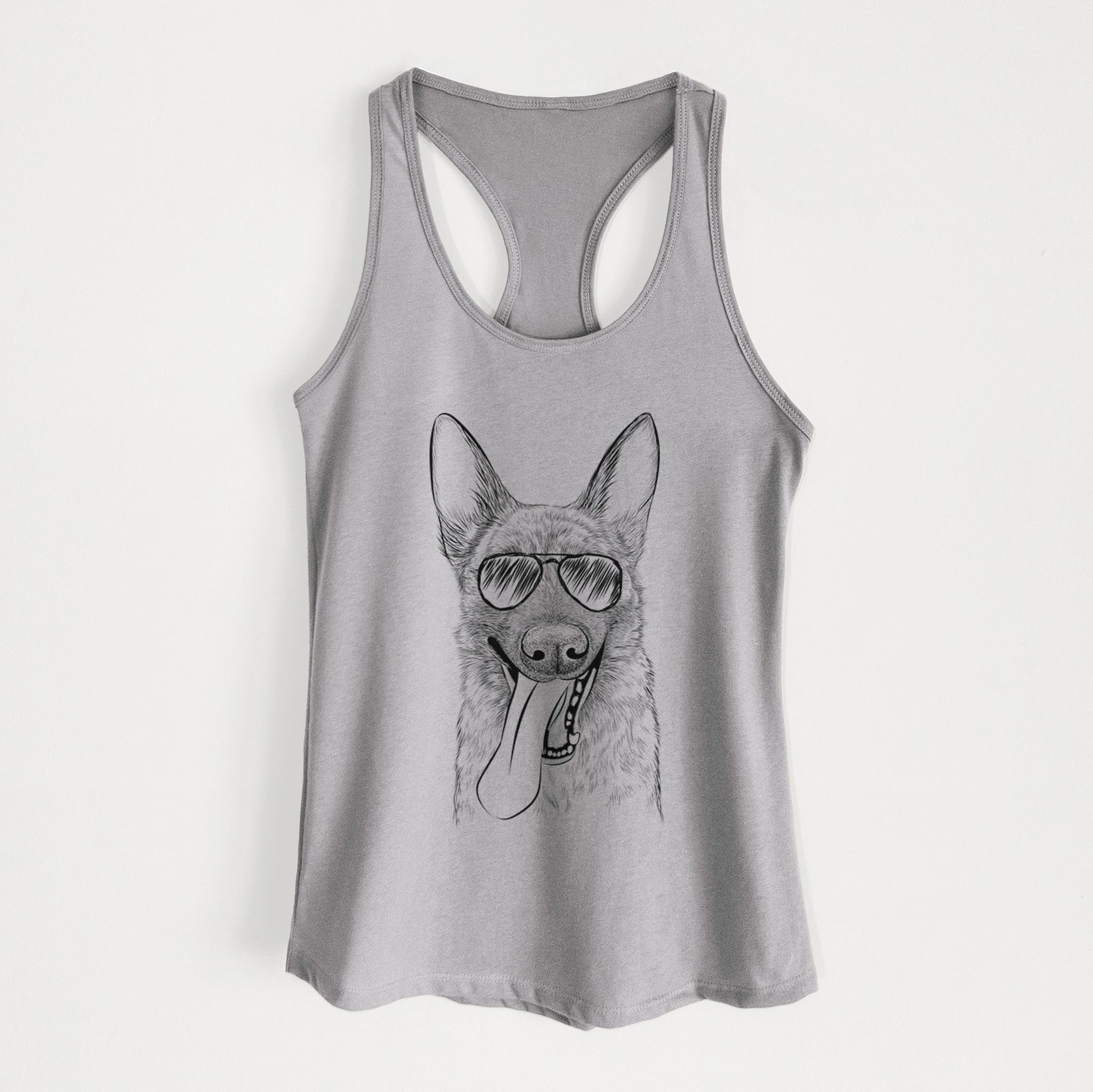 Hand-drawn sketch of Bessa the Dutch Shepherd wearing aviator sunglasses on a Heather Grey Women's racerback tanktop
