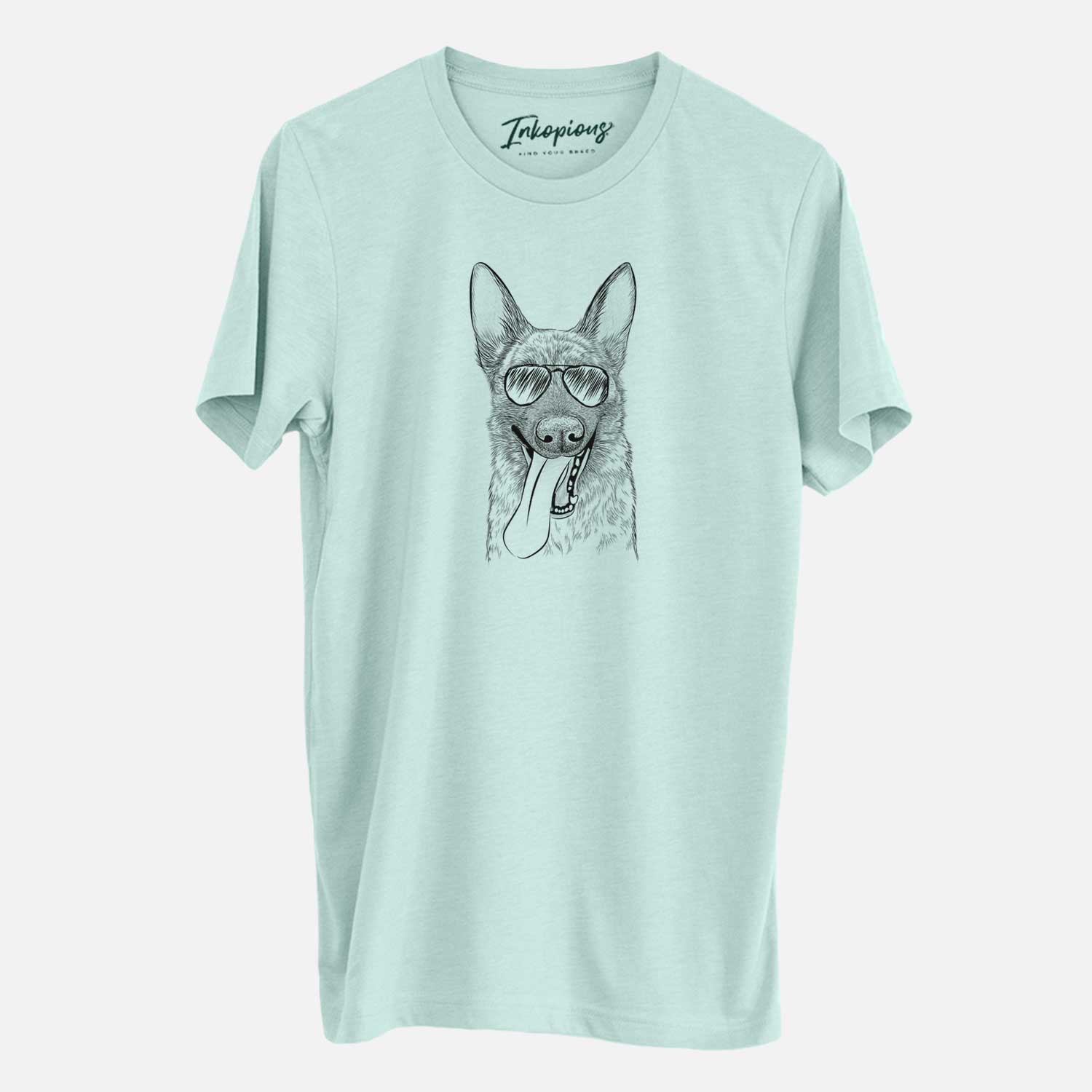 Hand-drawn sketch of Bessa the Dutch Shepherd wearing aviator sunglasses on a Heather Sage Unisex crewneck