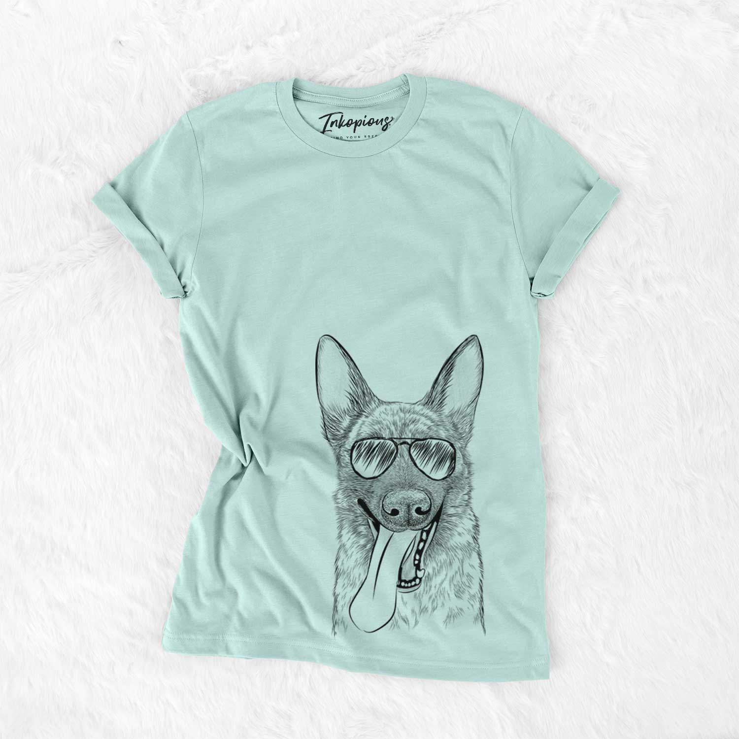 Hand-drawn sketch of Bessa the Dutch Shepherd wearing aviator sunglasses on a Heather Sage Unisex crewneck