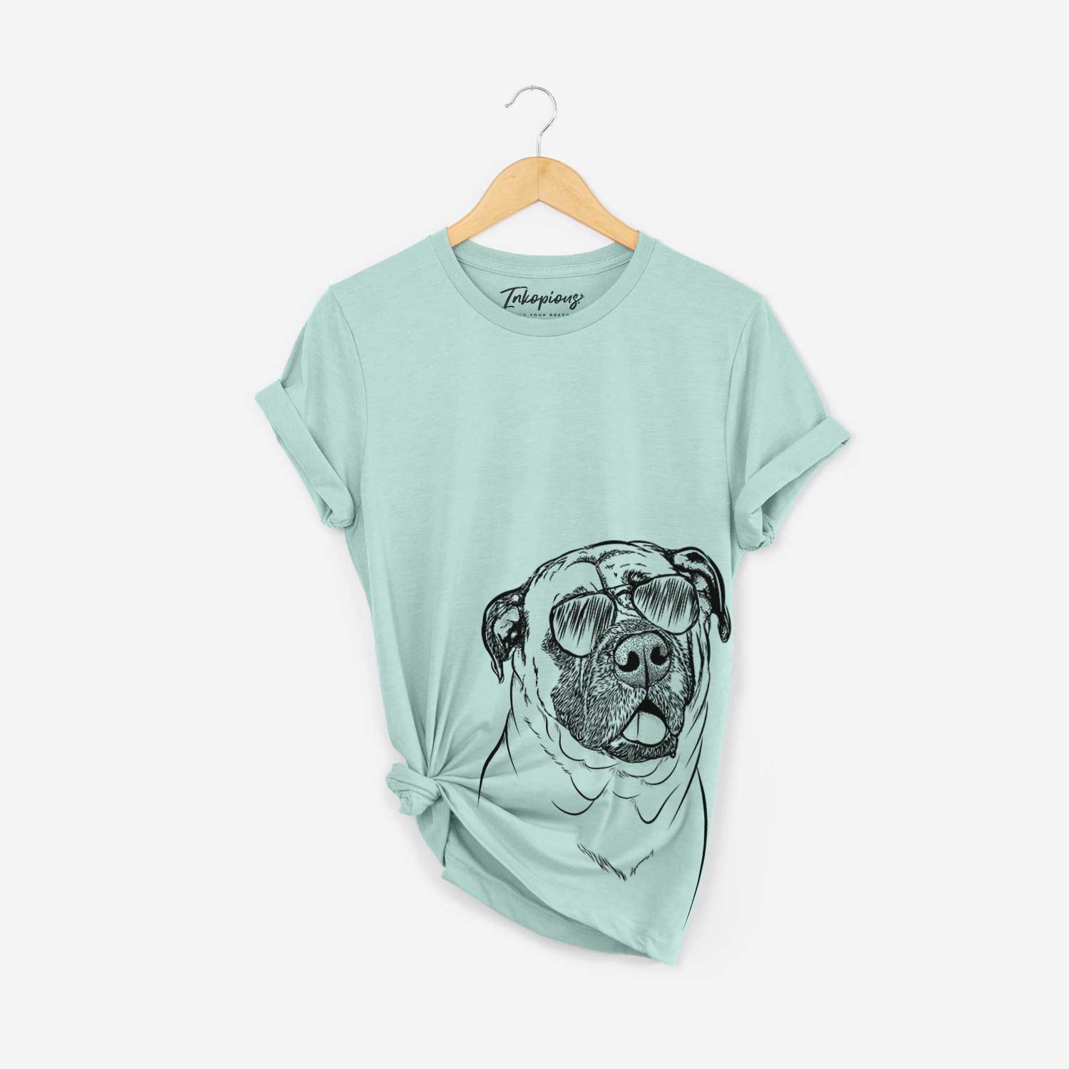 Hand-drawn sketch of Big P the English Mastiff wearing aviator sunglasses on a Heather Sage Bella Canvas Unisex Crewneck