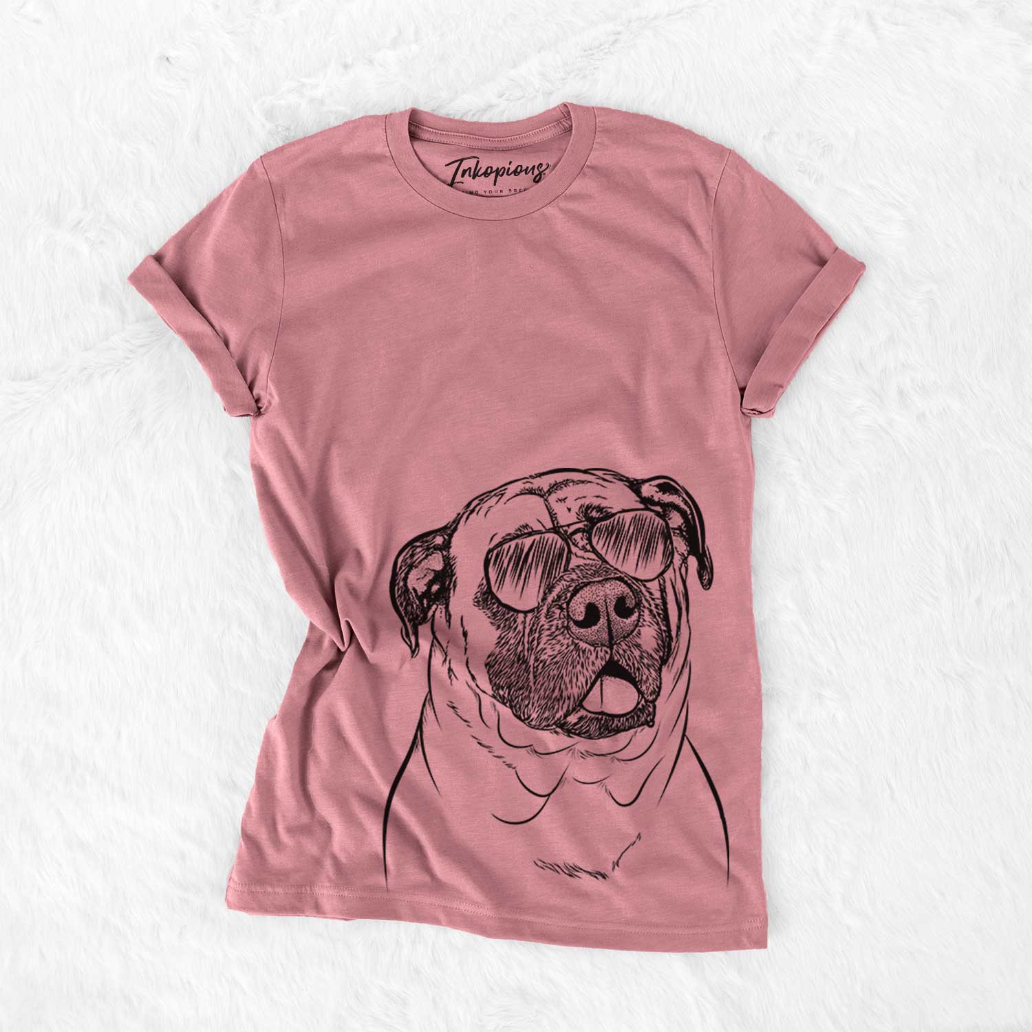 Hand-drawn sketch of Big P the English Mastiff wearing aviator sunglasses on a Mauve Bella Canvas Unisex Crewneck