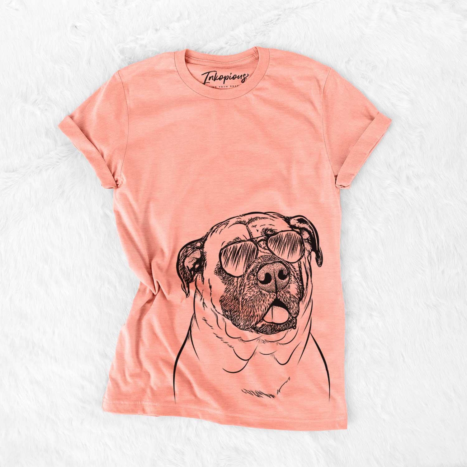 Hand-drawn sketch of Big P the English Mastiff wearing aviator sunglasses on a Sunset Bella Canvas Unisex Crewneck