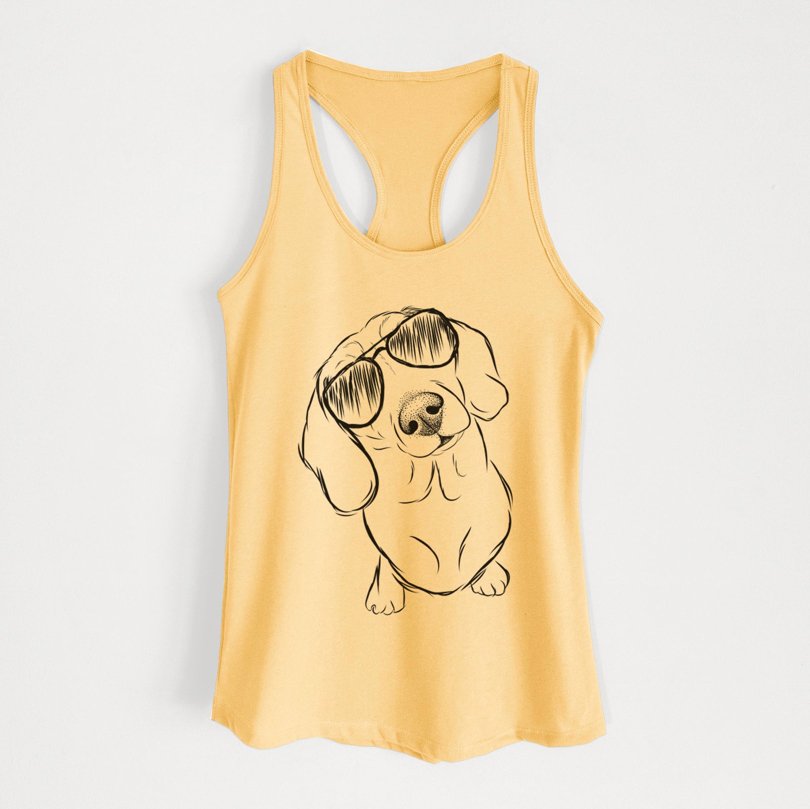 Hand-drawn sketch of Bill the Dachshund wearing aviator sunglasses on a Banana Cream Women's racerback tanktop