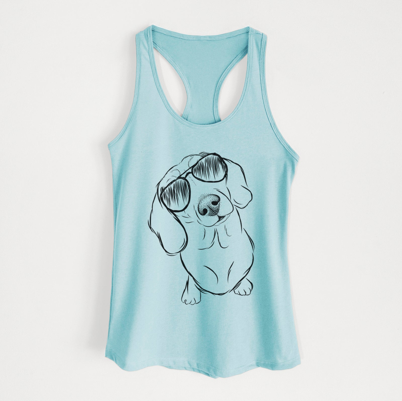 Hand-drawn sketch of Bill the Dachshund wearing aviator sunglasses on a Cancun Blue Women's racerback tanktop