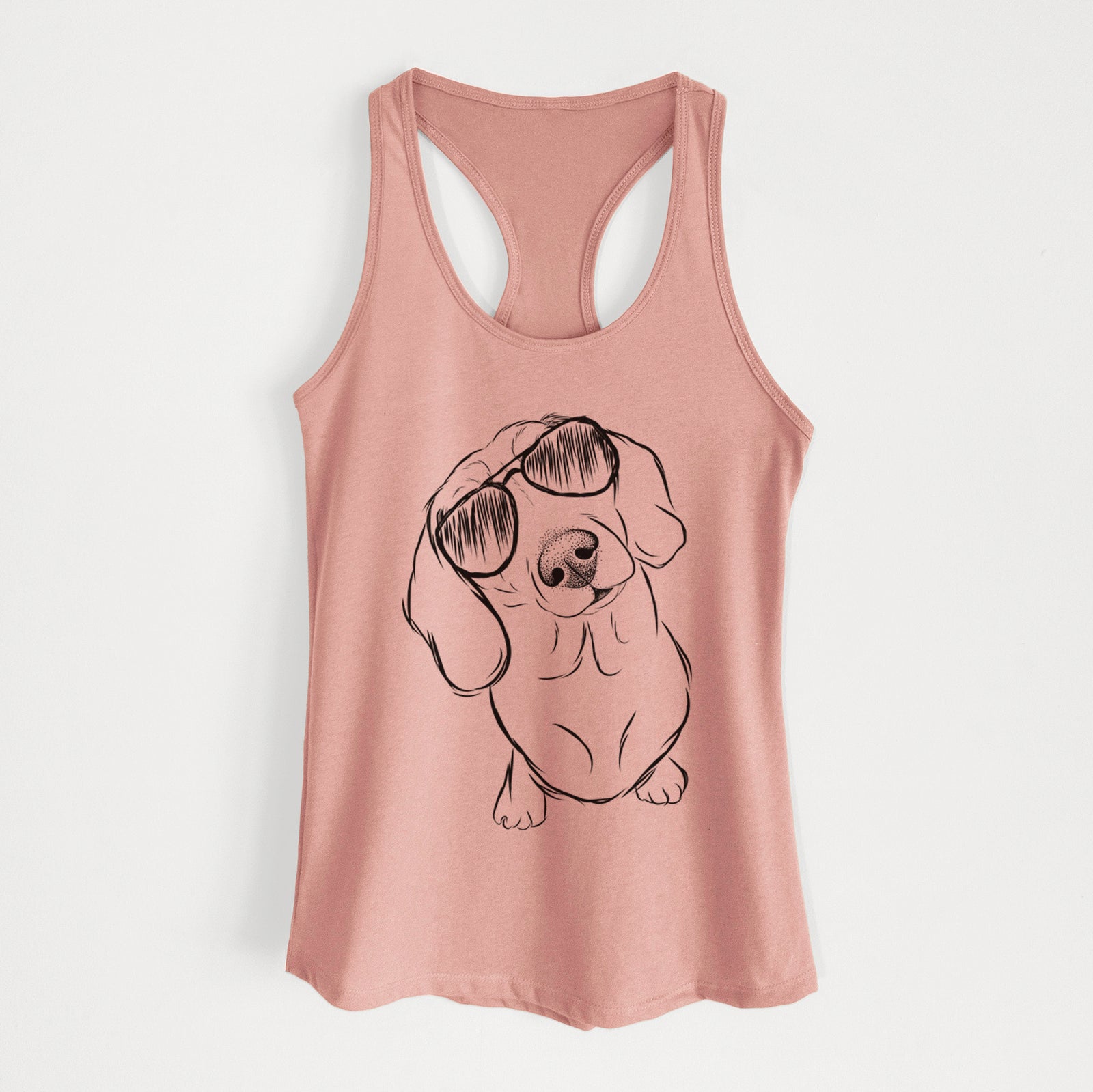 Hand-drawn sketch of Bill the Dachshund wearing aviator sunglasses on a Desert Pink Women's racerback tanktop