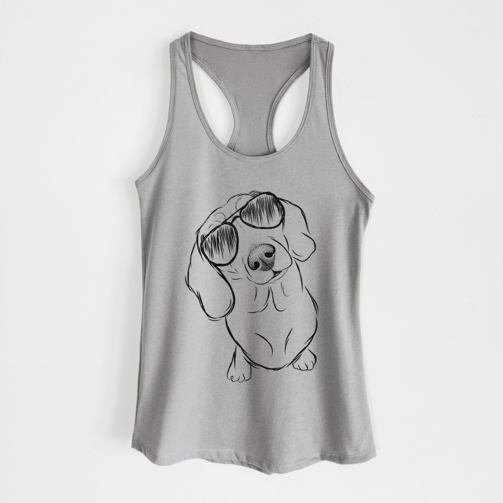 Hand-drawn sketch of Bill the Dachshund wearing aviator sunglasses on a Heather Grey Women's racerback tanktop