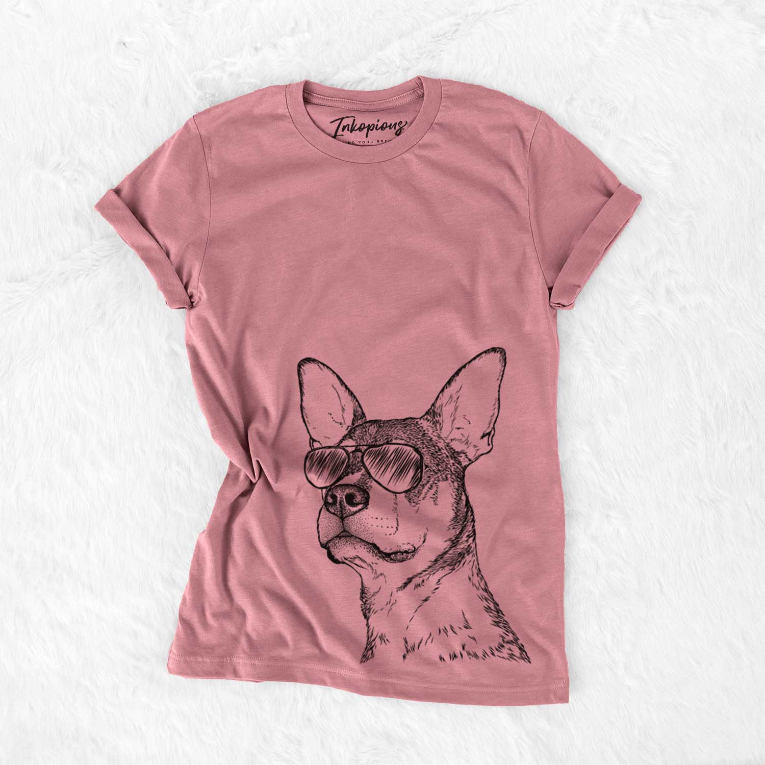 Hand-drawn sketch of Bill the Heeler Mix wearing aviator sunglasses on a Mauve Bella Canvas Unisex Crewneck
