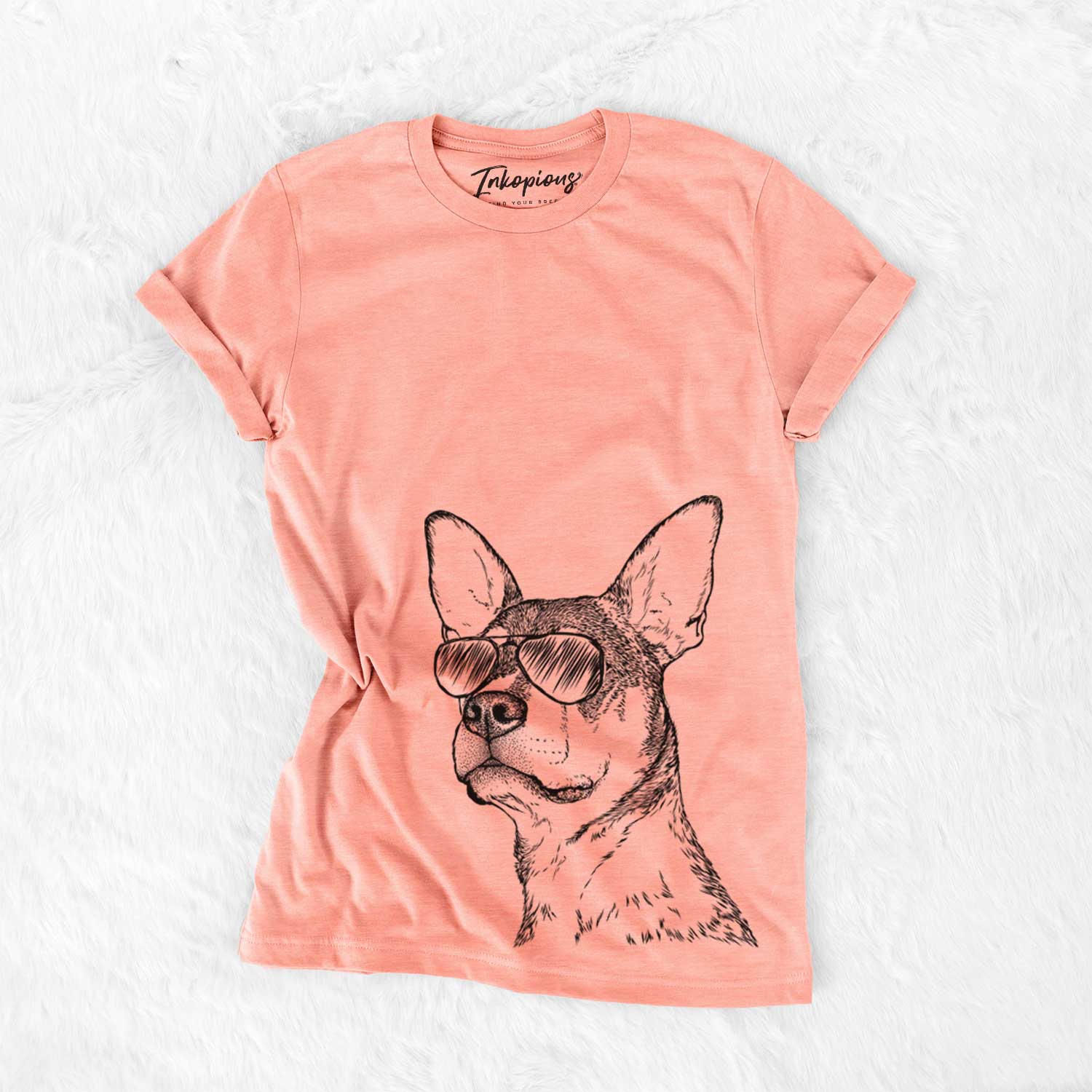Hand-drawn sketch of Bill the Heeler Mix wearing aviator sunglasses on a Sunset Bella Canvas Unisex Crewneck