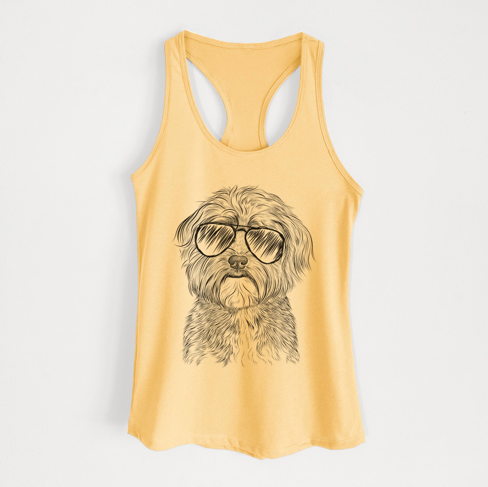 Hand-drawn sketch of Bingo the Mixed Breed wearing aviator sunglasses on a Banana Cream Women's racerback tanktop