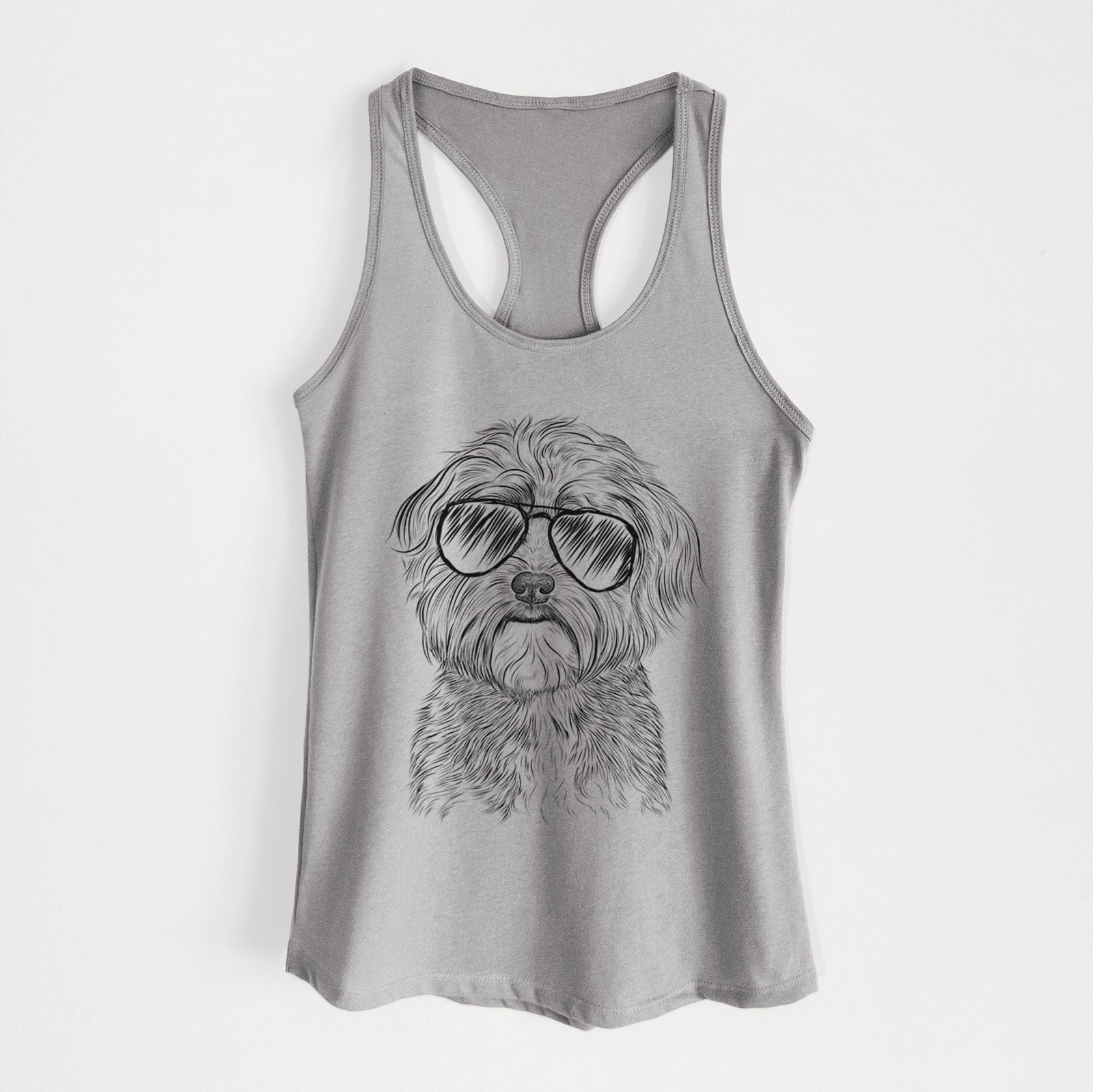 Hand-drawn sketch of Bingo the Mixed Breed wearing aviator sunglasses on a Heather Grey Women's racerback tanktop