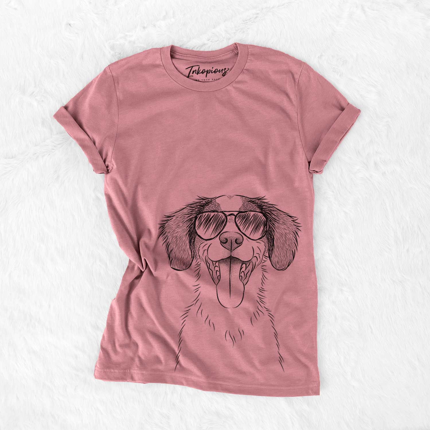 Hand-drawn sketch of Birdie the Brittany wearing aviator sunglasses on a Mauve Bella Canvas Unisex Crewneck