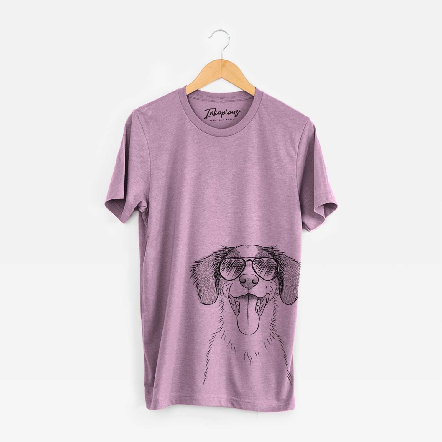 Hand-drawn sketch of Birdie the Brittany wearing aviator sunglasses on an Orchid Bella Canvas Unisex Crewneck