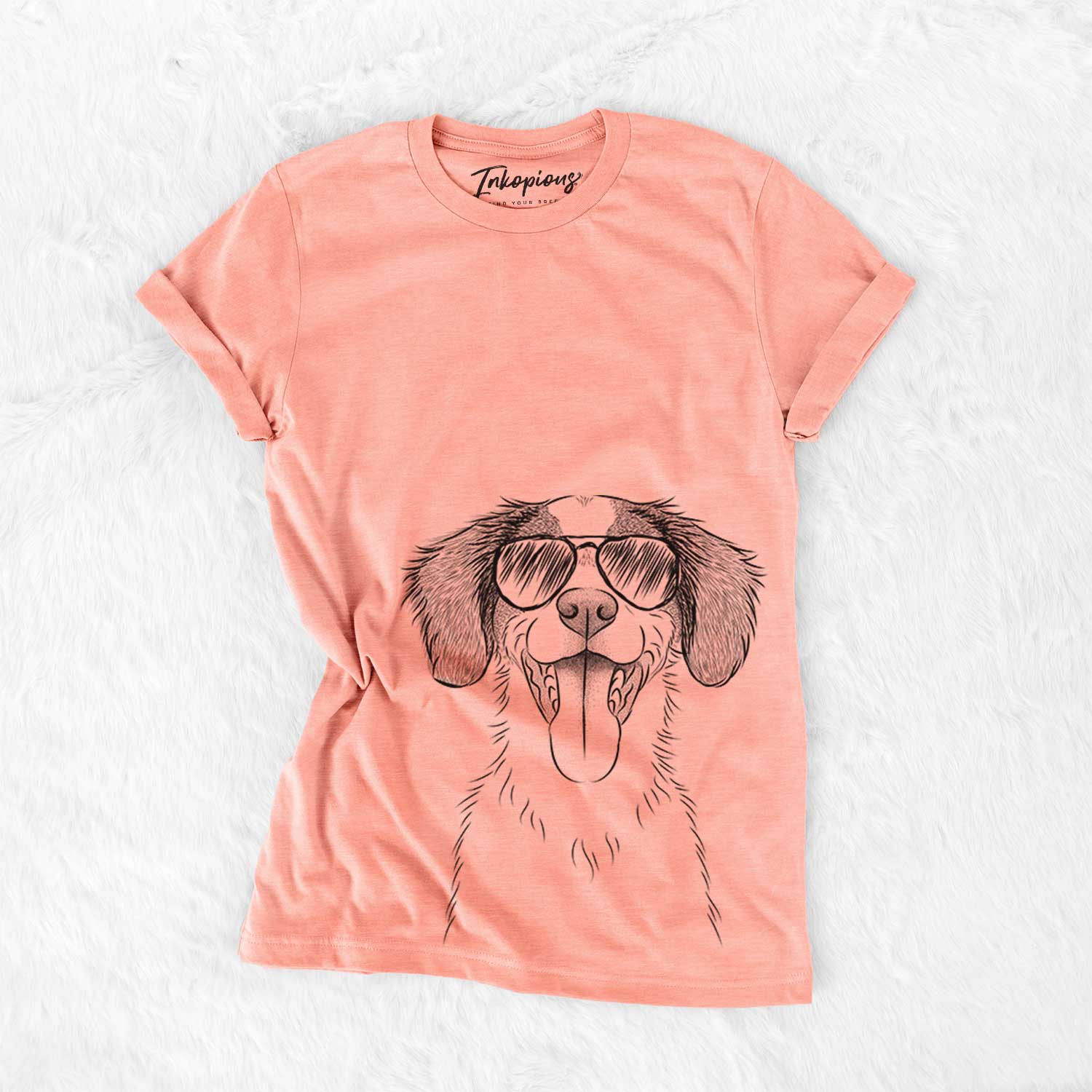 Hand-drawn sketch of Birdie the Brittany wearing aviator sunglasses on a Sunset Bella Canvas Unisex Crewneck