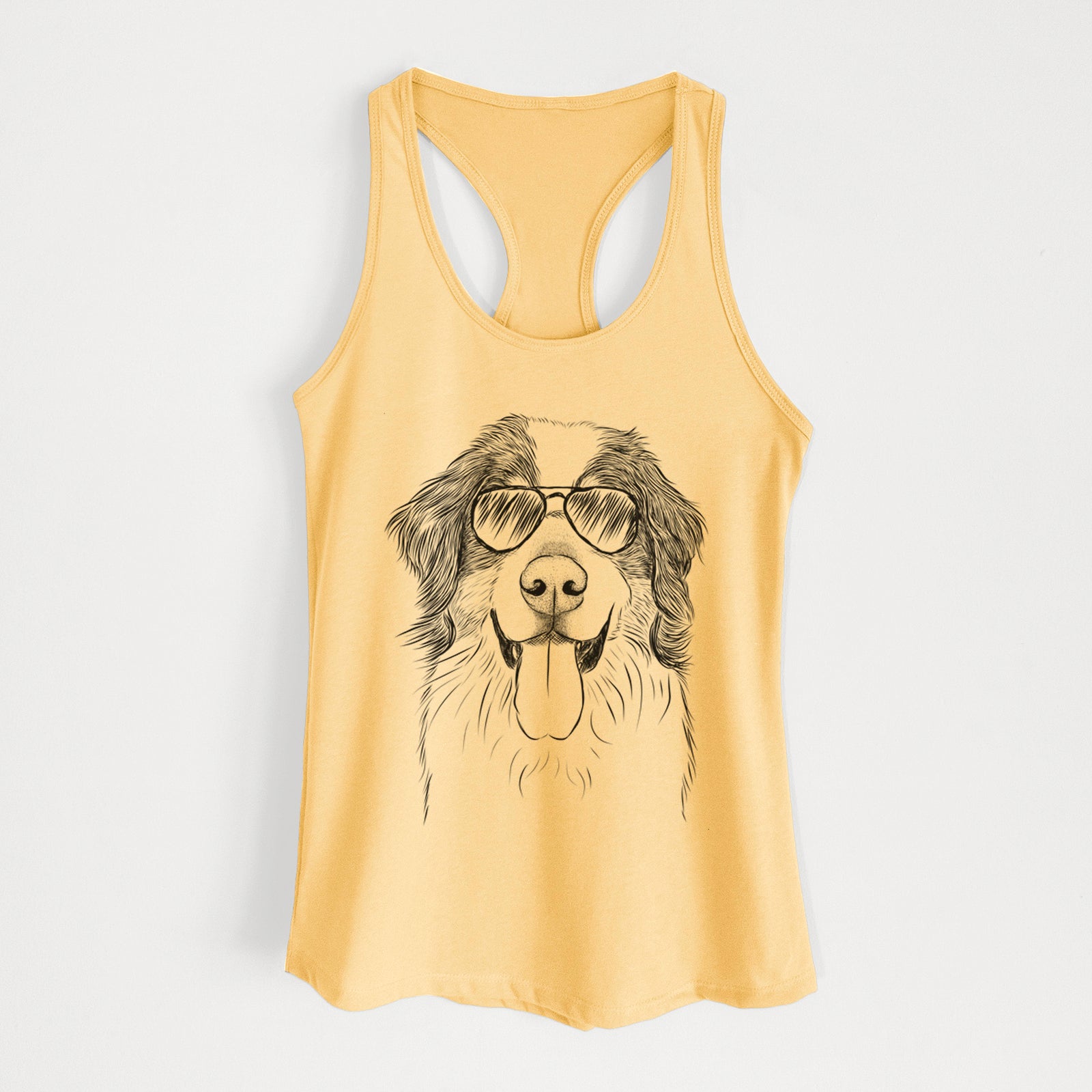 Hand-drawn sketch of Blaze the Bernese Mountain Dog wearing aviator sunglasses on a Banana Cream Women's racerback tanktop