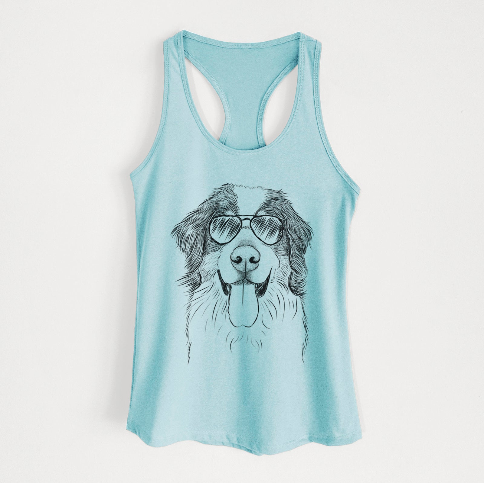 Hand-drawn sketch of Blaze the Bernese Mountain Dog wearing aviator sunglasses on a Cancun Blue Women's racerback tanktop