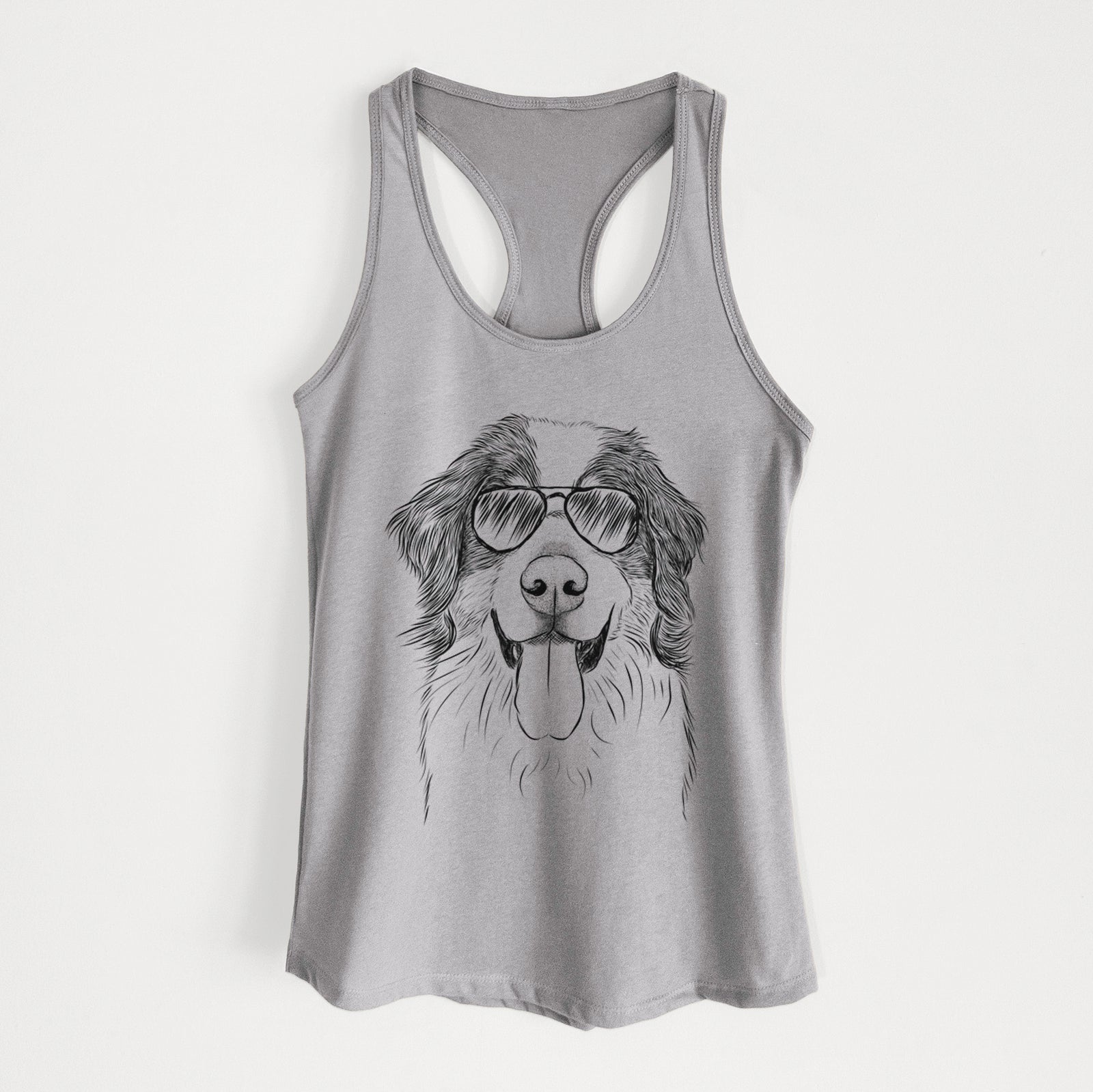 Hand-drawn sketch of Blaze the Bernese Mountain Dog wearing aviator sunglasses on a Heather Grey Women's racerback tanktop