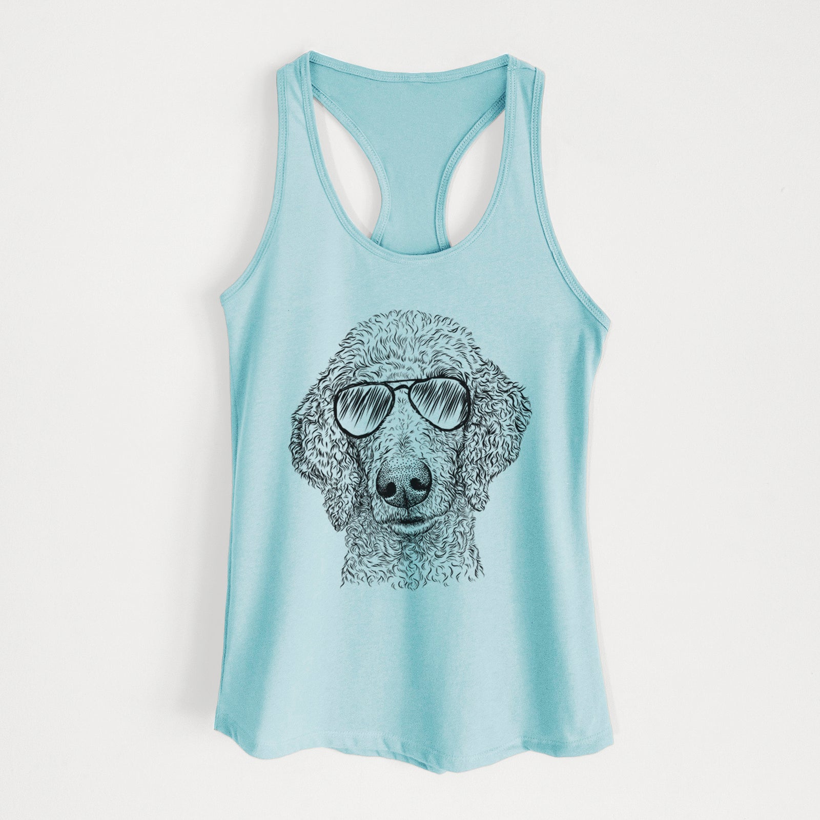 Hand-drawn sketch of Blossom the Poodle wearing aviator sunglasses on a Cancun Blue Women's racerback tanktop