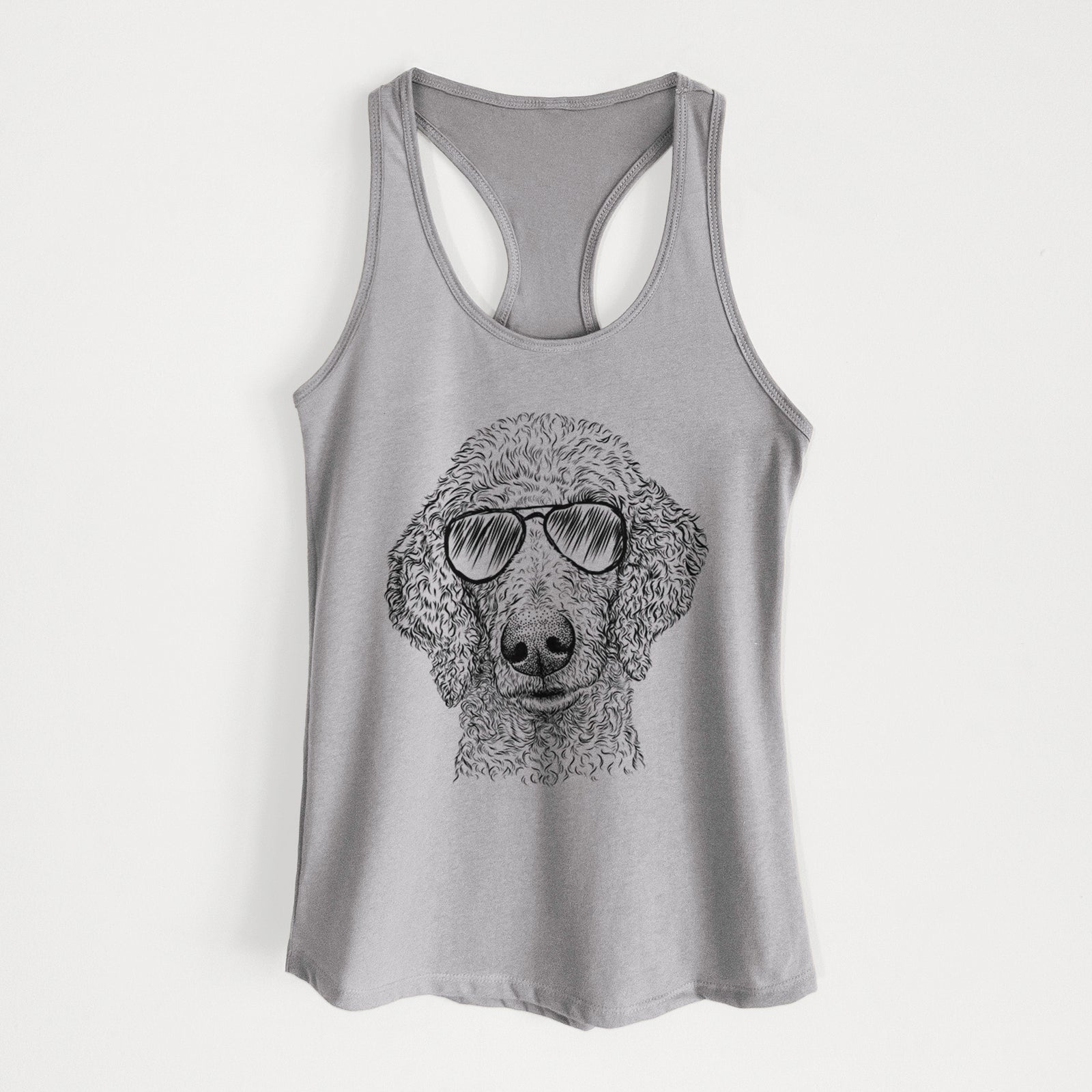 Hand-drawn sketch of Blossom the Poodle wearing aviator sunglasses on a Heather Grey Women's racerback tanktop