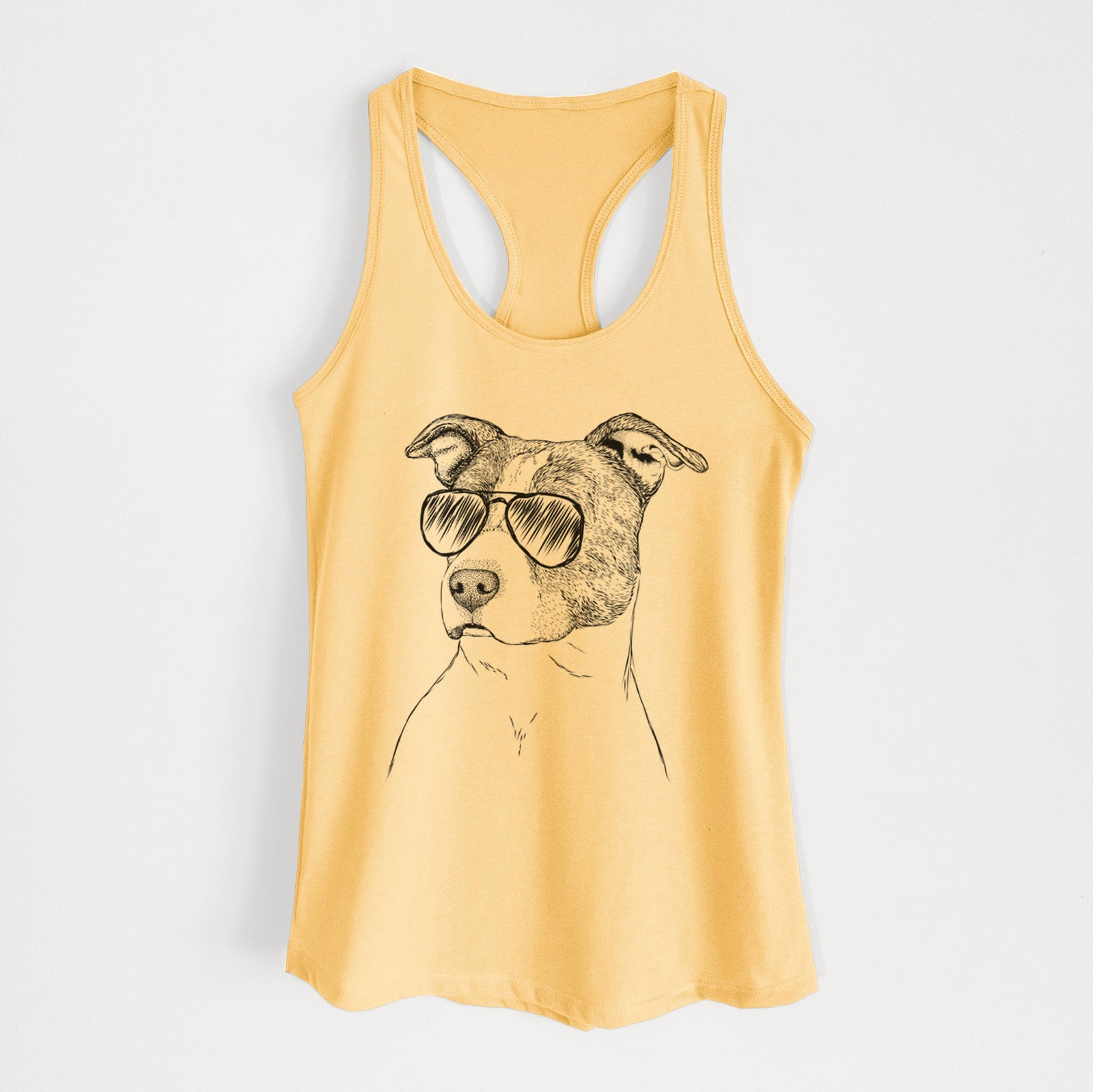 Hand-drawn sketch of Blu the Pitbull wearing aviator sunglasses on a Banana Cream Women's racerback tanktop