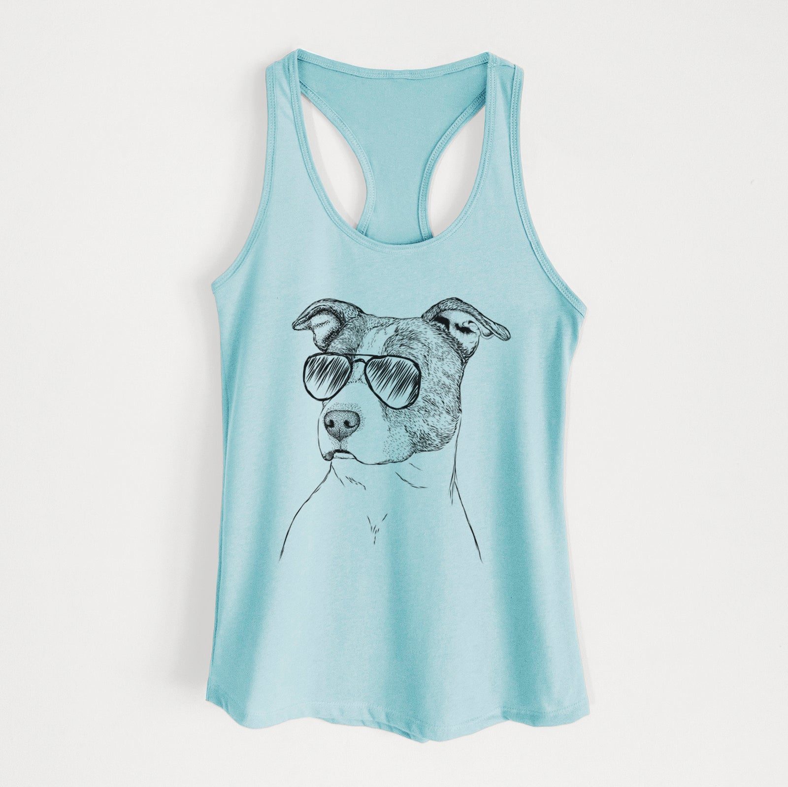 Hand-drawn sketch of Blu the Pitbull wearing aviator sunglasses on a Cancun Blue Women's racerback tanktop