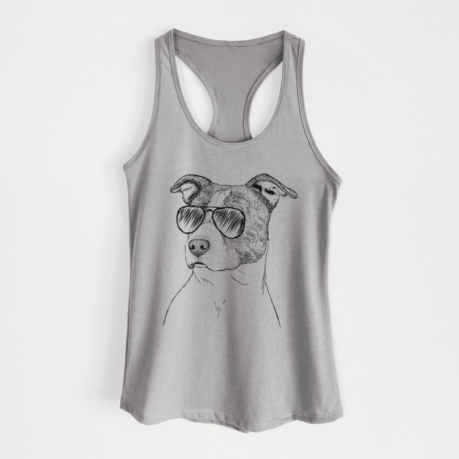 Hand-drawn sketch of Blu the Pitbull wearing aviator sunglasses on a Heather Grey Women's racerback tanktop