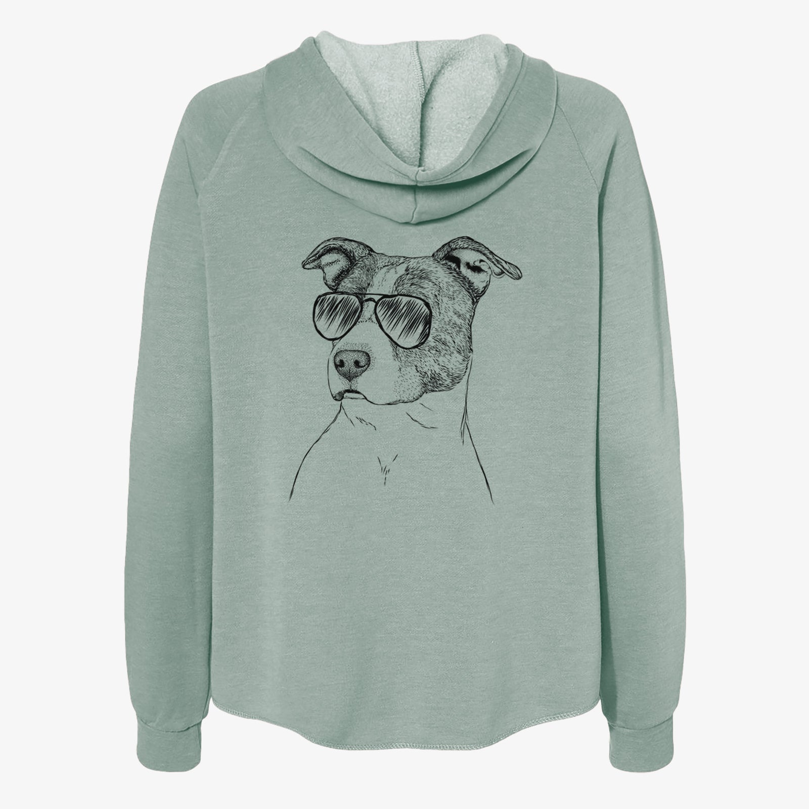 Hand-drawn sketch of Blu the Pitbull wearing aviator sunglasses on a Sage Women's cali wave zip-up sweatshirt