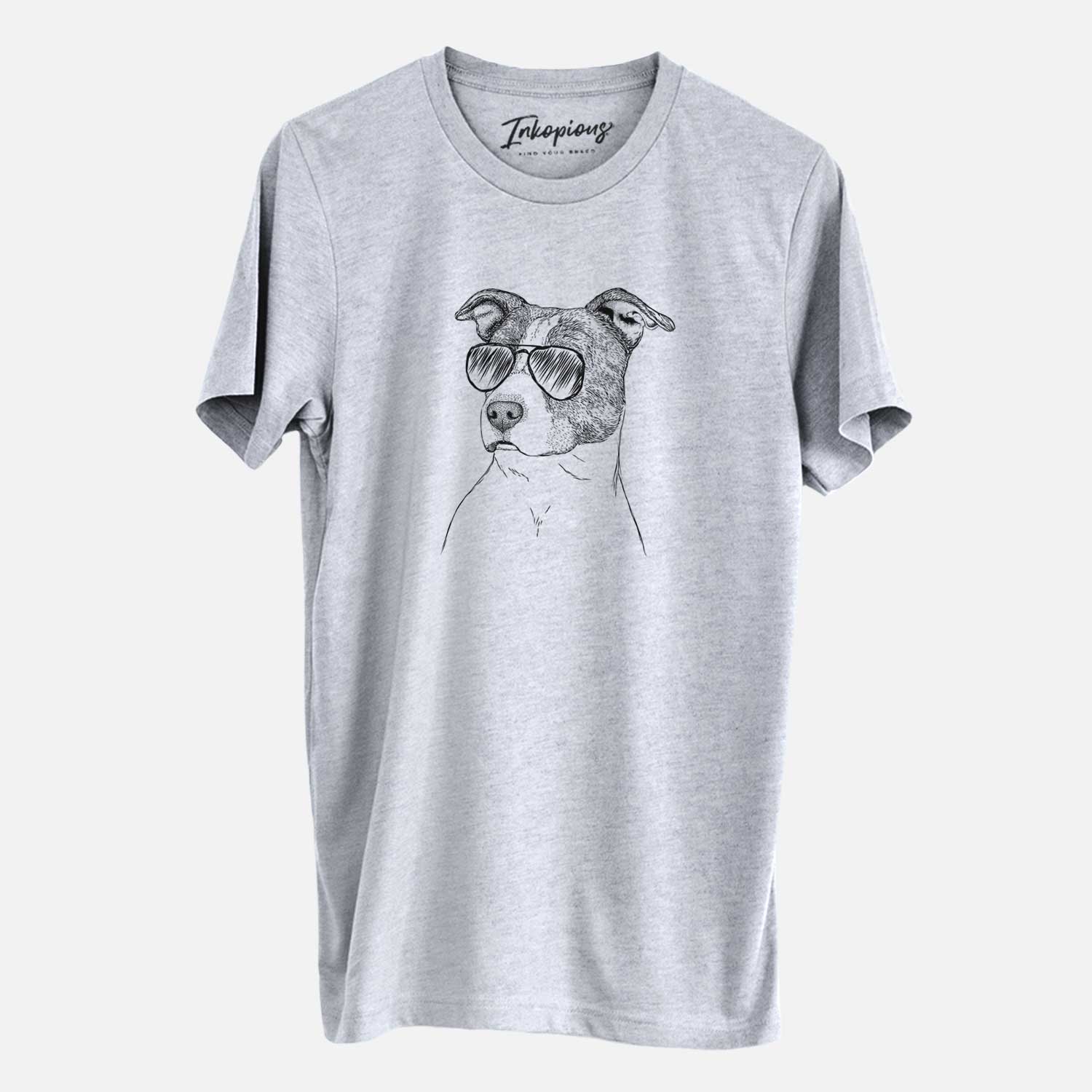 Hand-drawn sketch of Blu the Pitbull wearing aviator sunglasses on a Grey Unisex crewneck