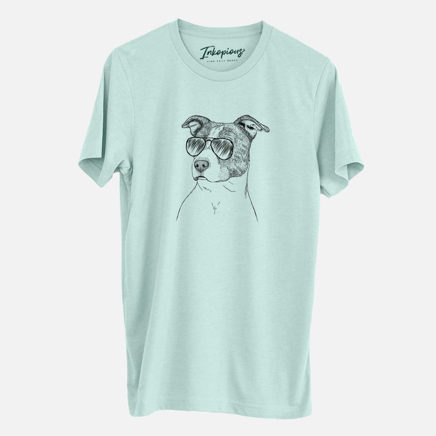 Hand-drawn sketch of Blu the Pitbull wearing aviator sunglasses on a Heather Sage Unisex crewneck