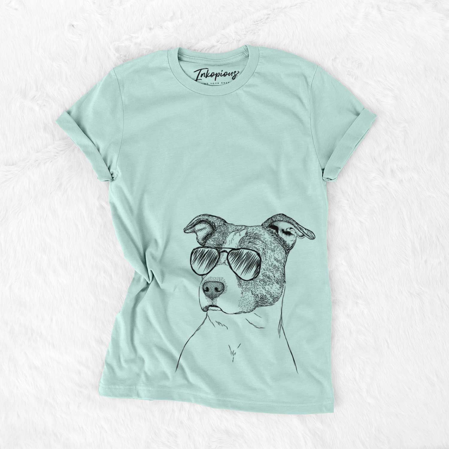 Hand-drawn sketch of Blu the Pitbull wearing aviator sunglasses on a Heather Sage Unisex crewneck
