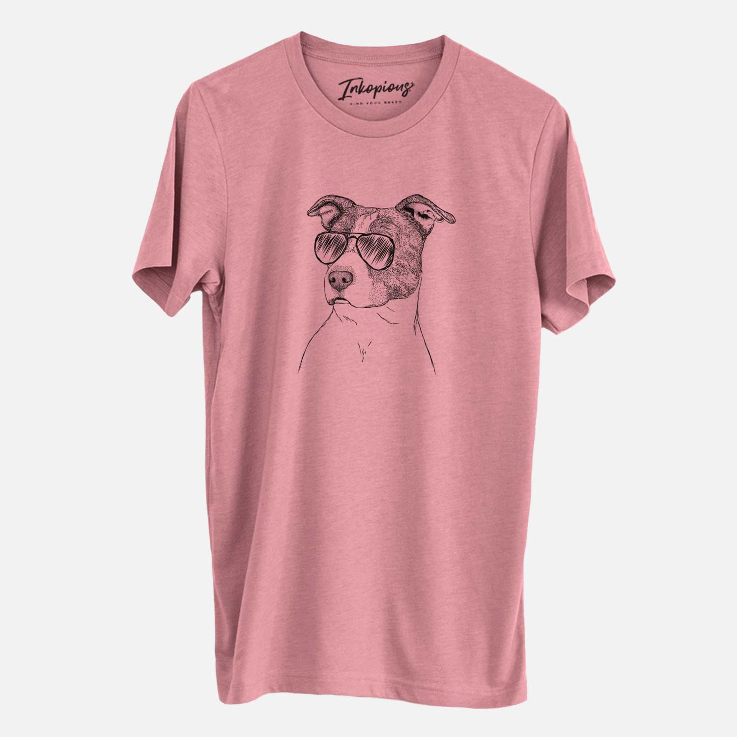 Hand-drawn sketch of Blu the Pitbull wearing aviator sunglasses on a Mauve Unisex crewneck