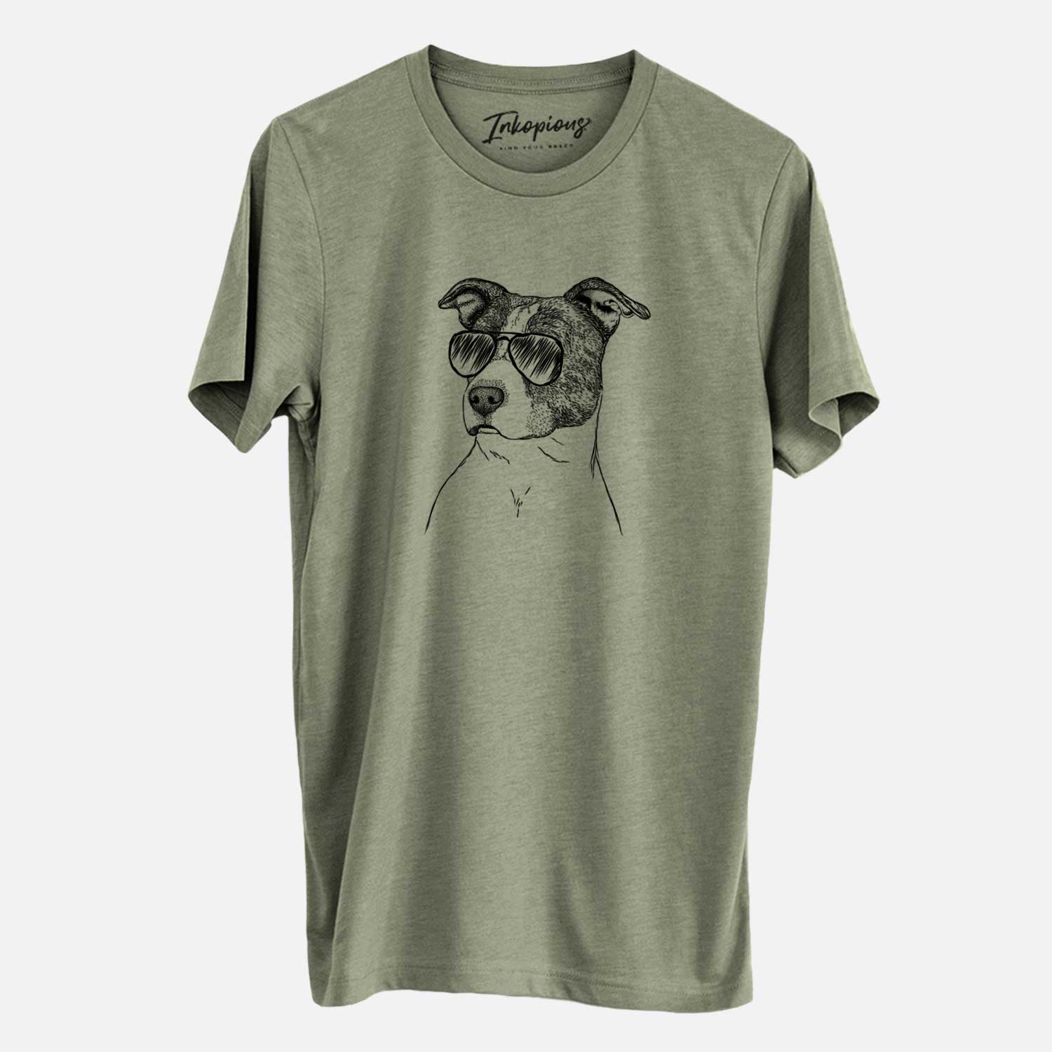 Hand-drawn sketch of Blu the Pitbull wearing aviator sunglasses on an Olive Unisex crewneck