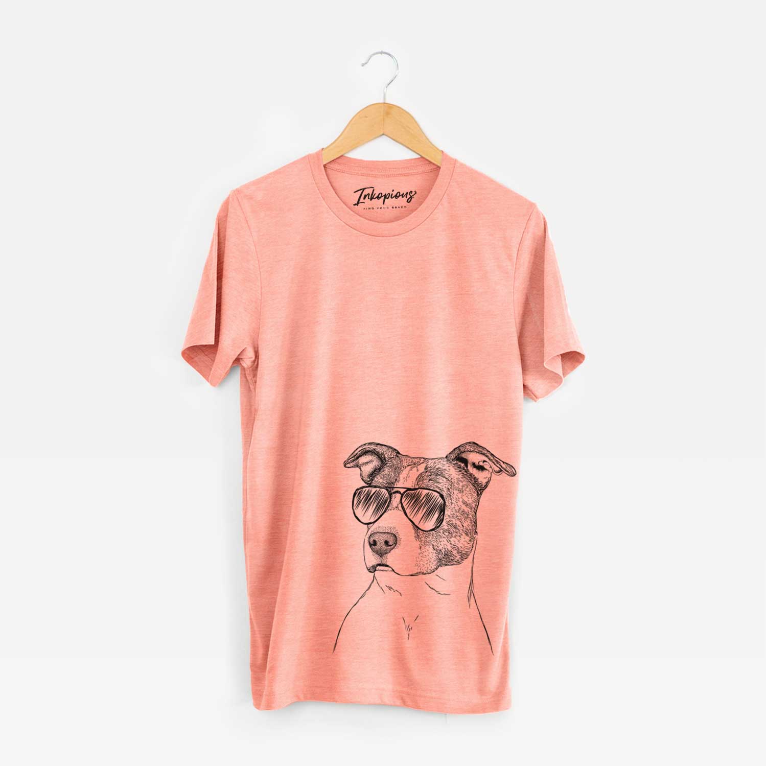 Hand-drawn sketch of Blu the Pitbull wearing aviator sunglasses on a Sunset Unisex crewneck