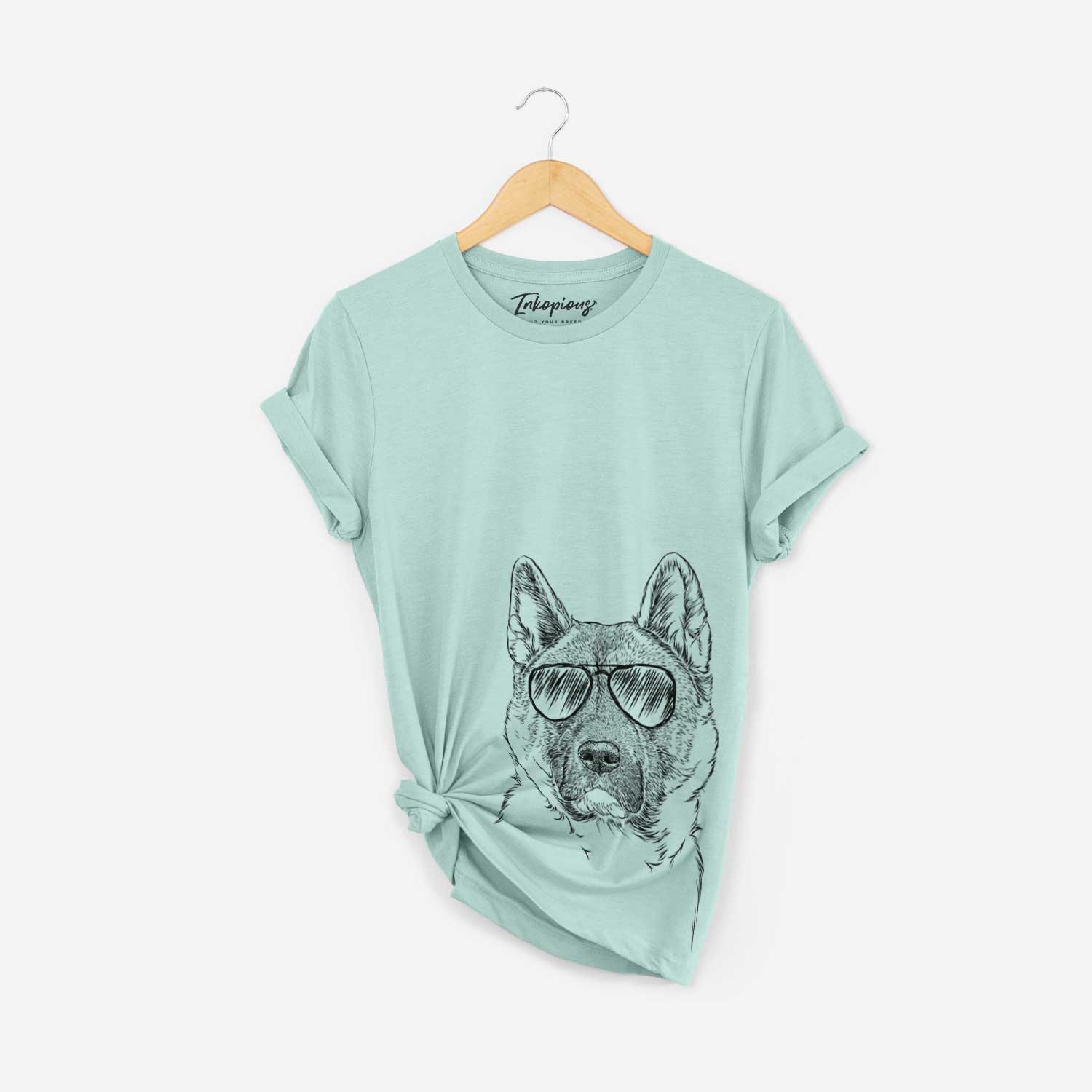 Hand-drawn sketch of Bo the American Akita wearing aviator sunglasses on a Heather Sage Bella Canvas Unisex Crewneck