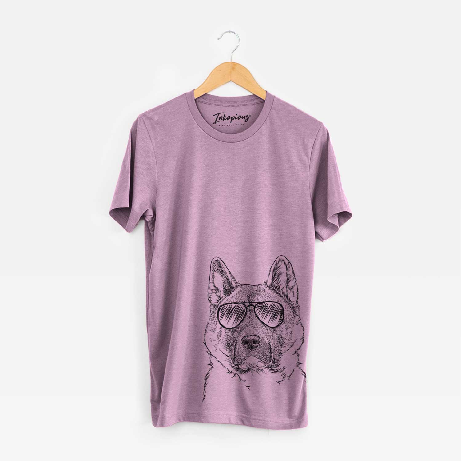 Hand-drawn sketch of Bo the American Akita wearing aviator sunglasses on an Orchid Bella Canvas Unisex Crewneck