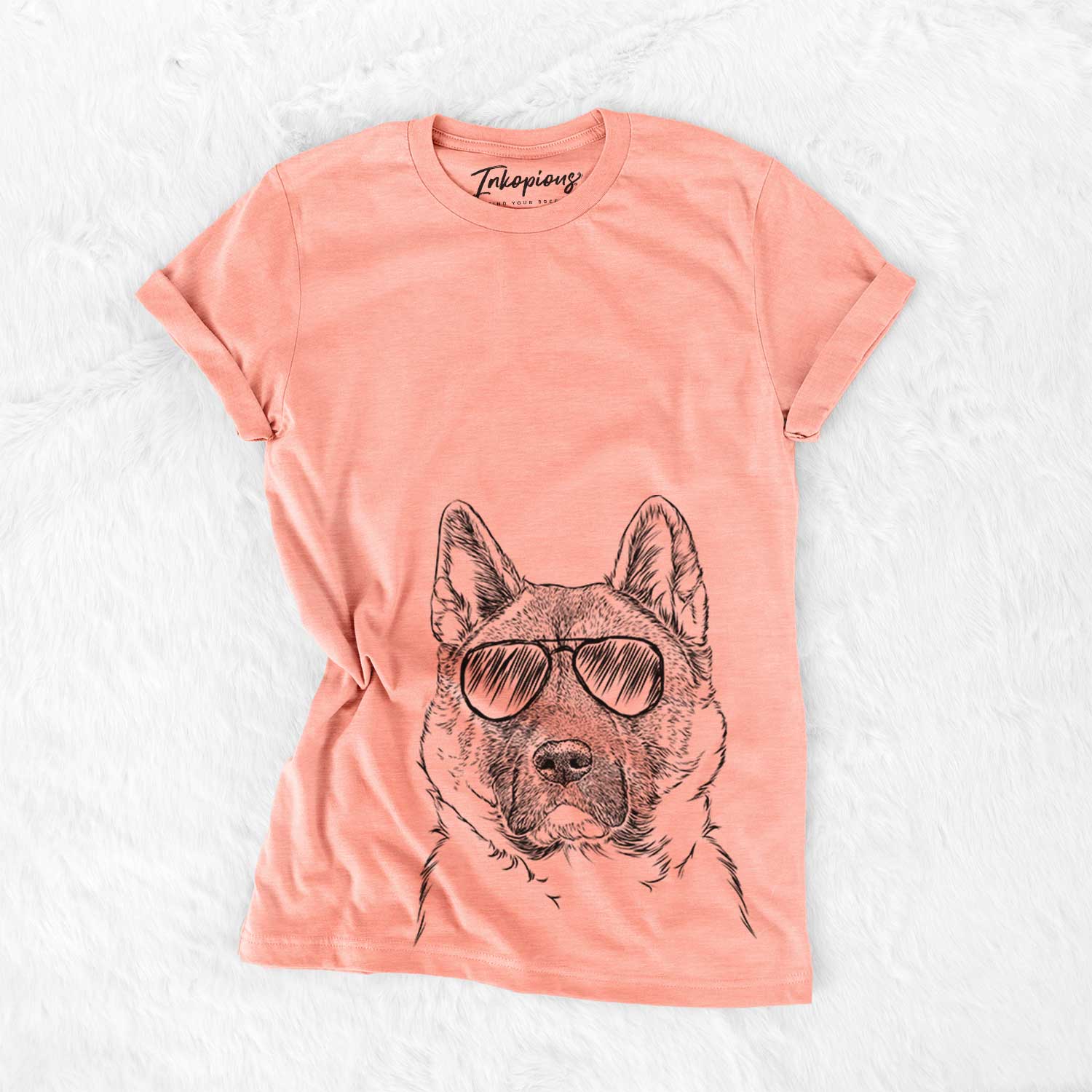 Hand-drawn sketch of Bo the American Akita wearing aviator sunglasses on a Sunset Bella Canvas Unisex Crewneck