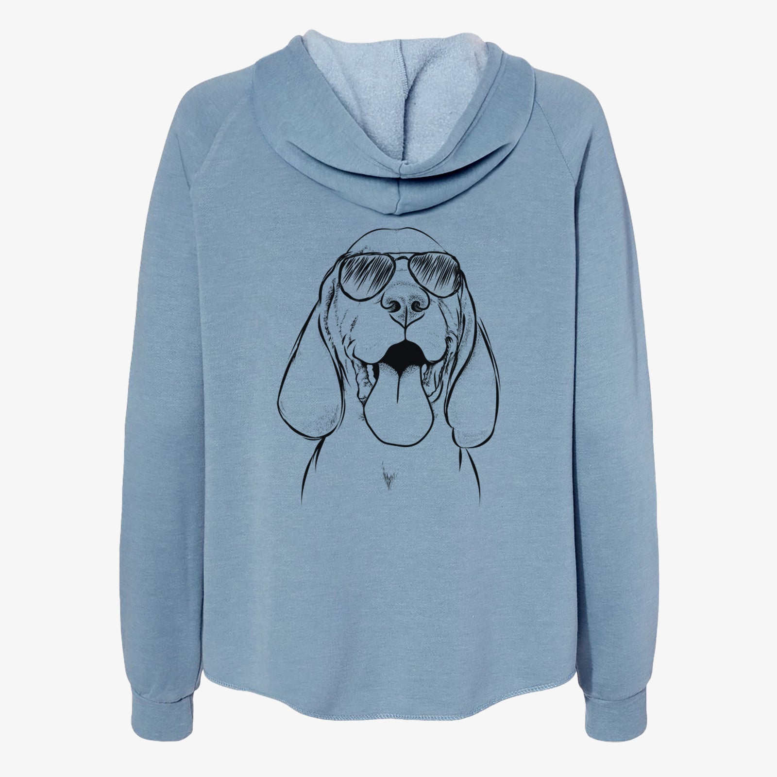 Hand-drawn sketch of Bodi the Vizsla wearing aviator sunglasses on a Misty Blue Women's cali wave zip-up sweatshirt