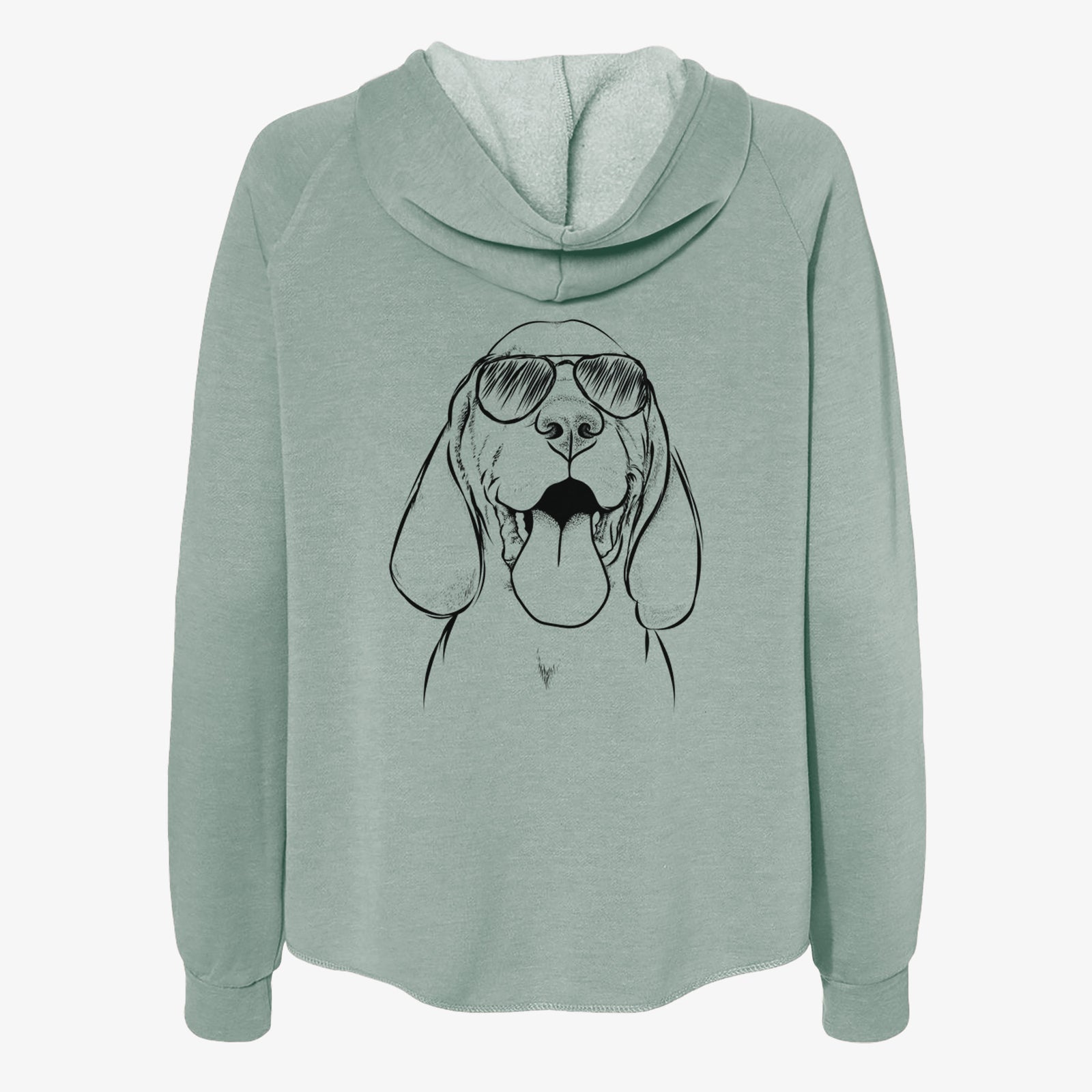 Hand-drawn sketch of Bodi the Vizsla wearing aviator sunglasses on a Sage Women's cali wave zip-up sweatshirt