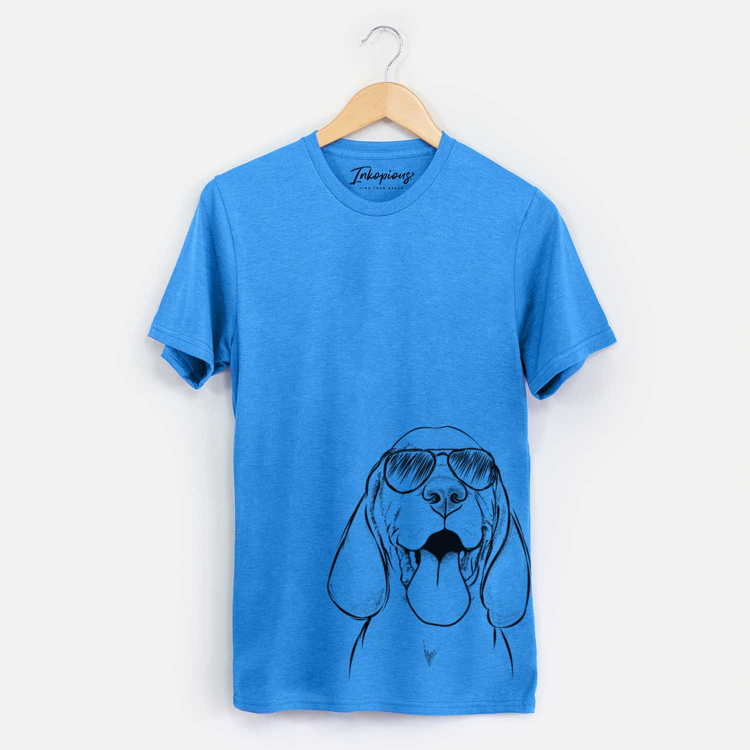 Hand-drawn sketch of Bodi the Vizsla wearing aviator sunglasses on a Blue Unisex crewneck