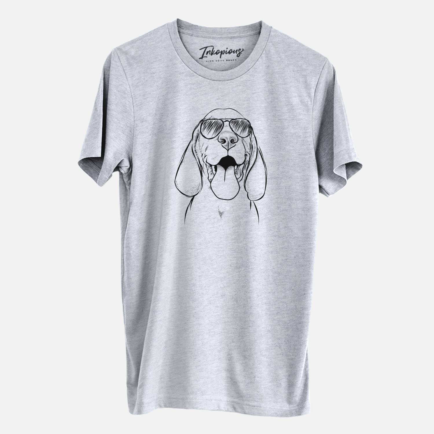Hand-drawn sketch of Bodi the Vizsla wearing aviator sunglasses on a Grey Unisex crewneck