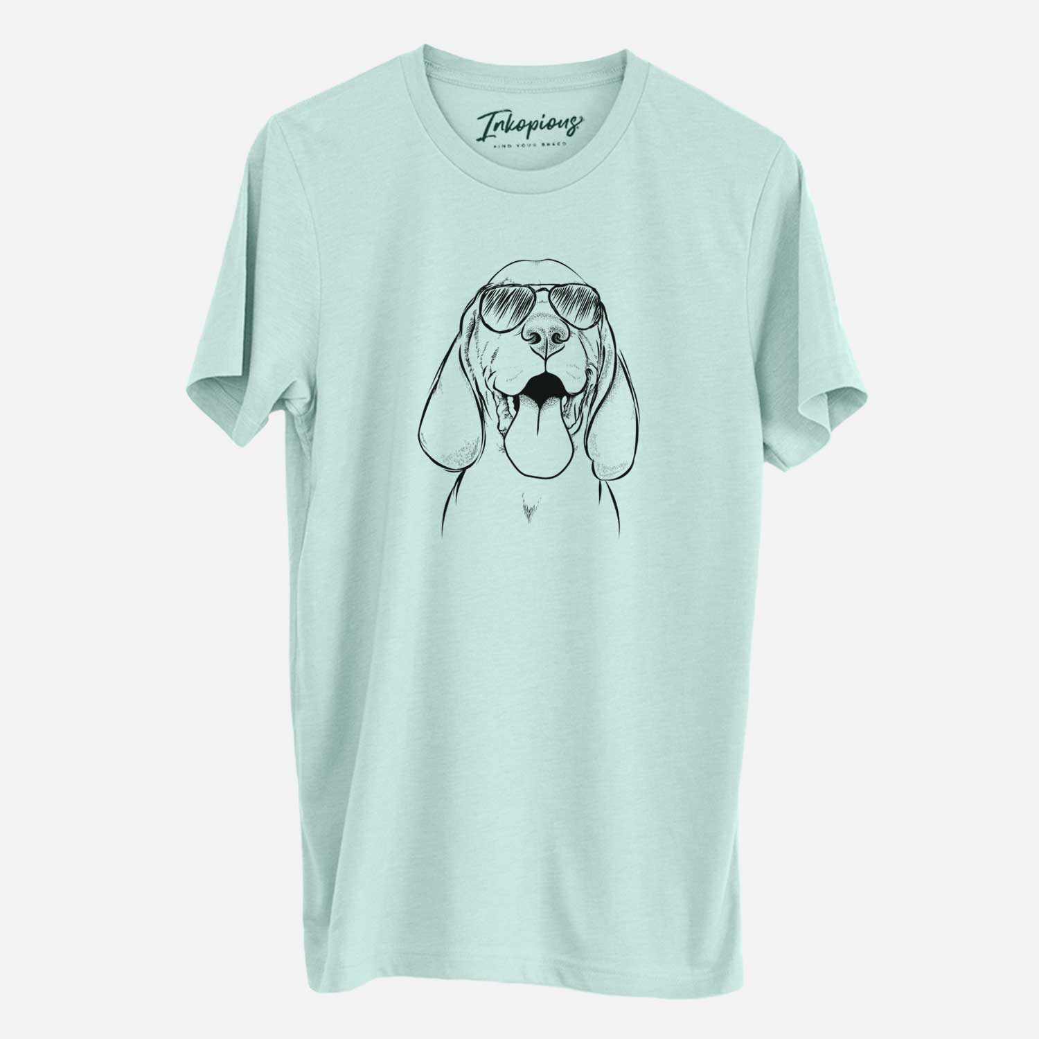 Hand-drawn sketch of Bodi the Vizsla wearing aviator sunglasses on a Heather Sage Unisex crewneck