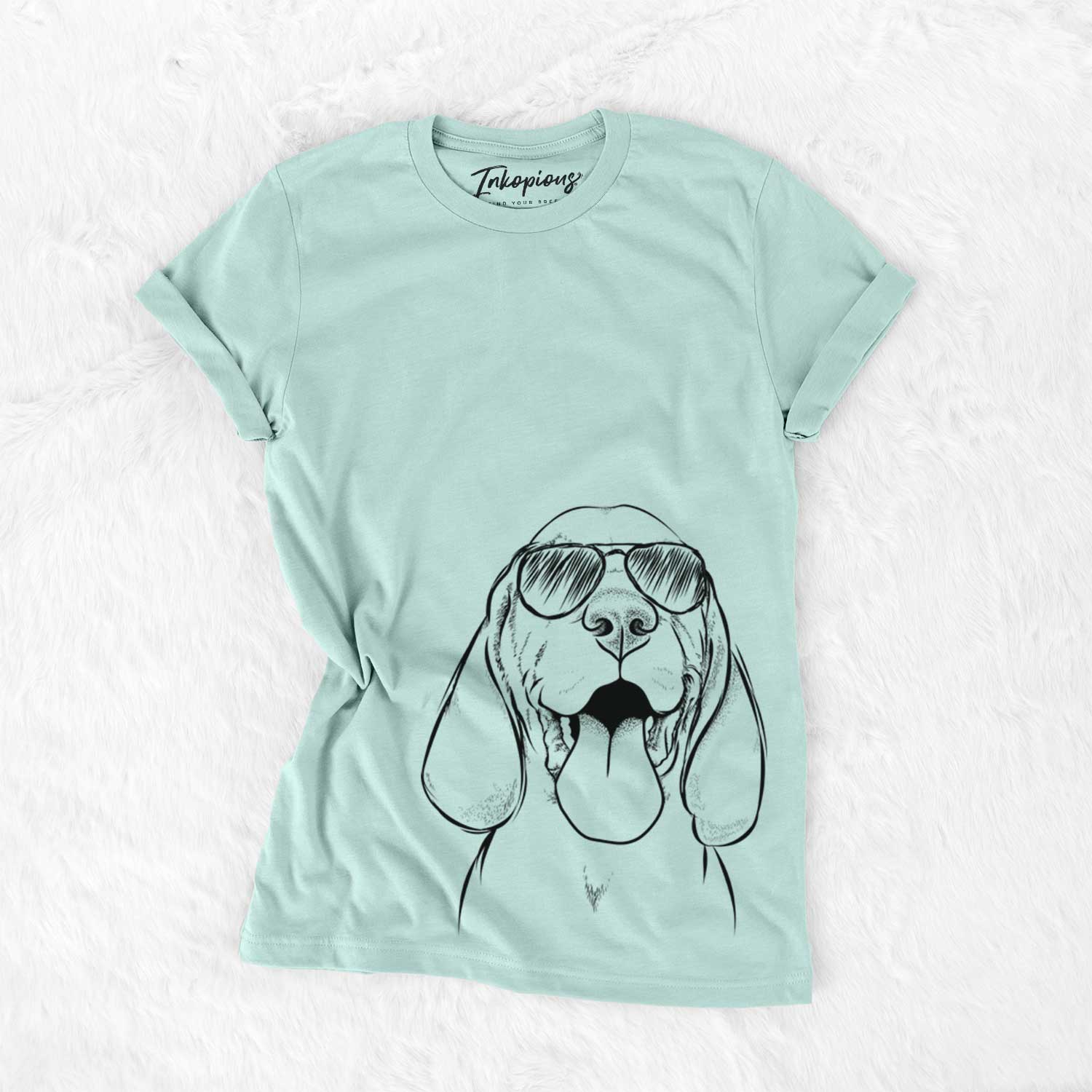 Hand-drawn sketch of Bodi the Vizsla wearing aviator sunglasses on a Heather Sage Unisex crewneck