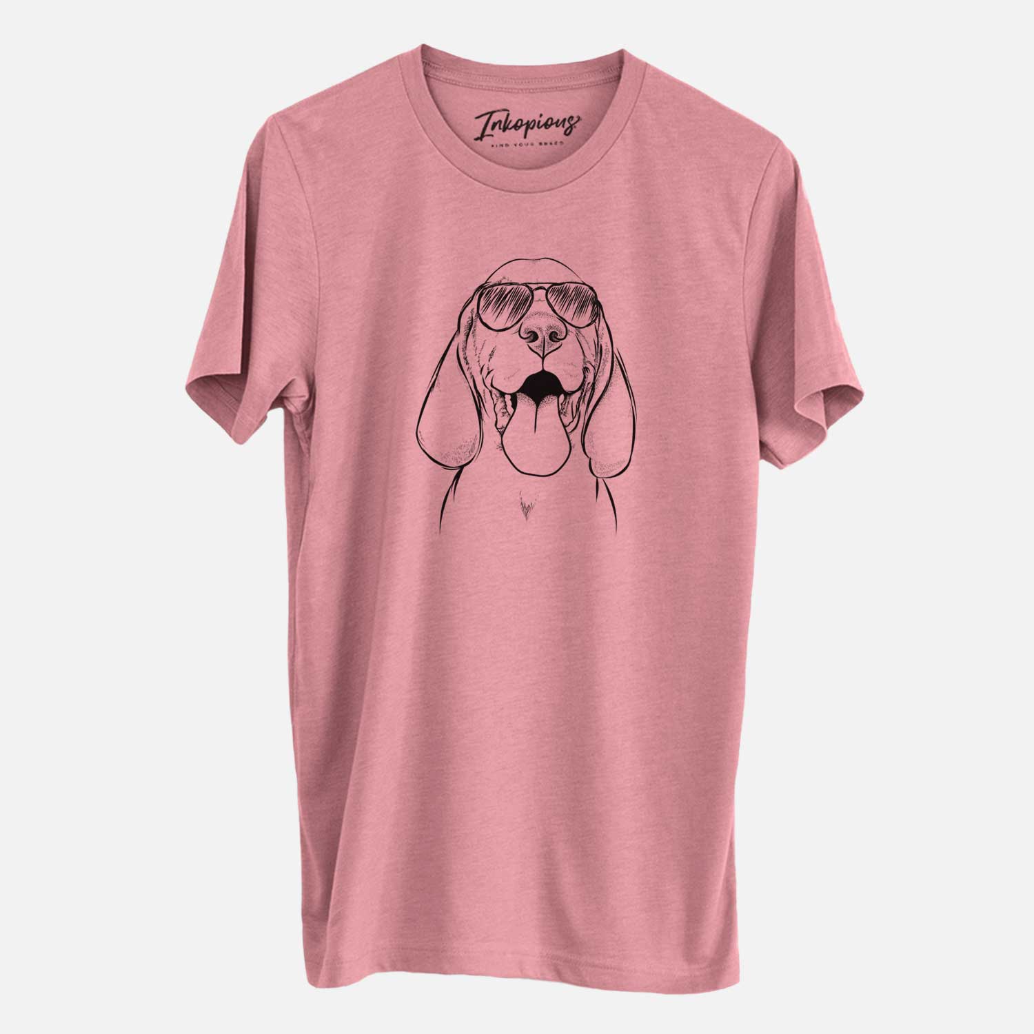 Hand-drawn sketch of Bodi the Vizsla wearing aviator sunglasses on a Mauve Unisex crewneck